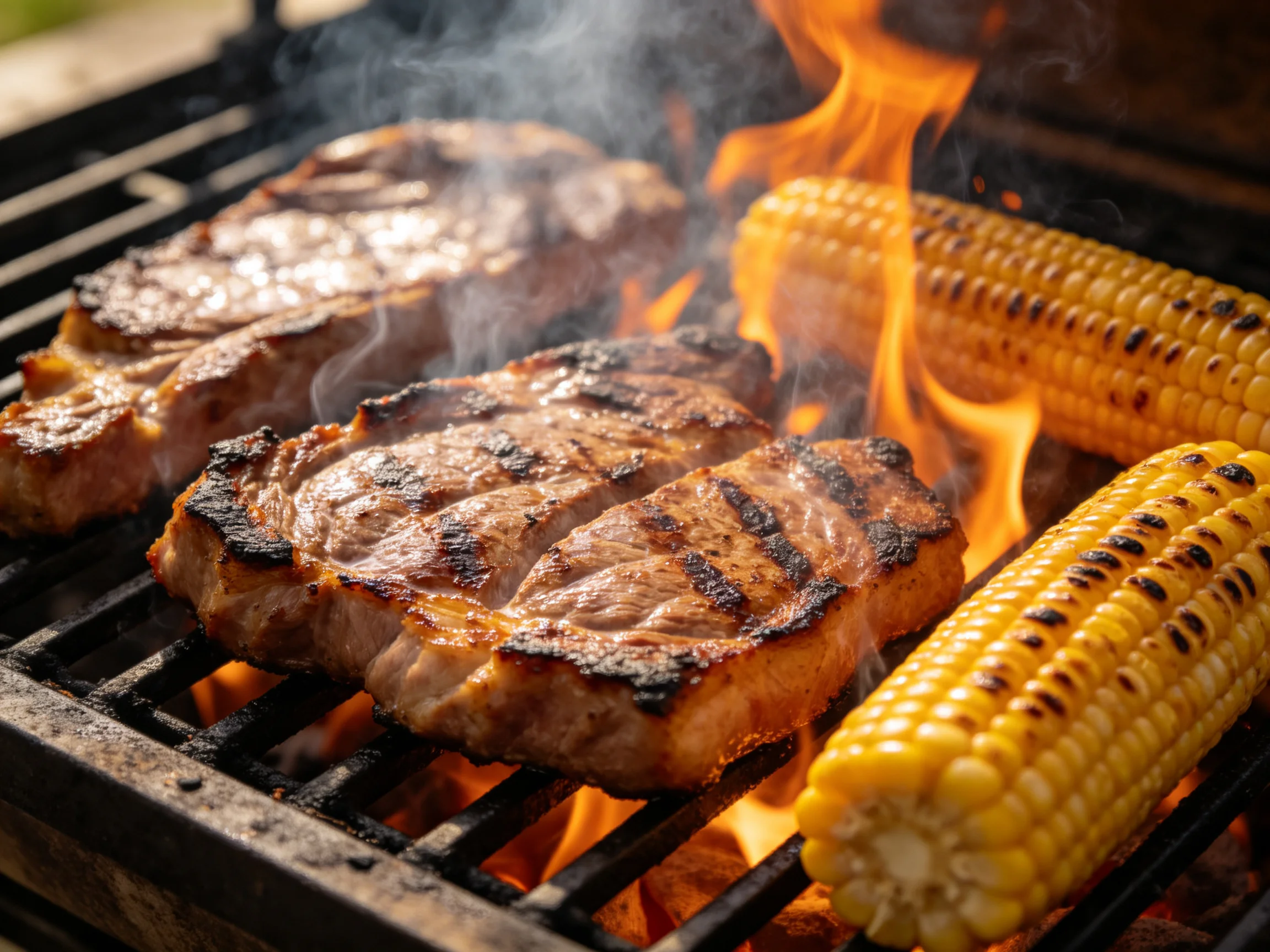 Three grilled steaks and two corn cobs cook over blazing flames