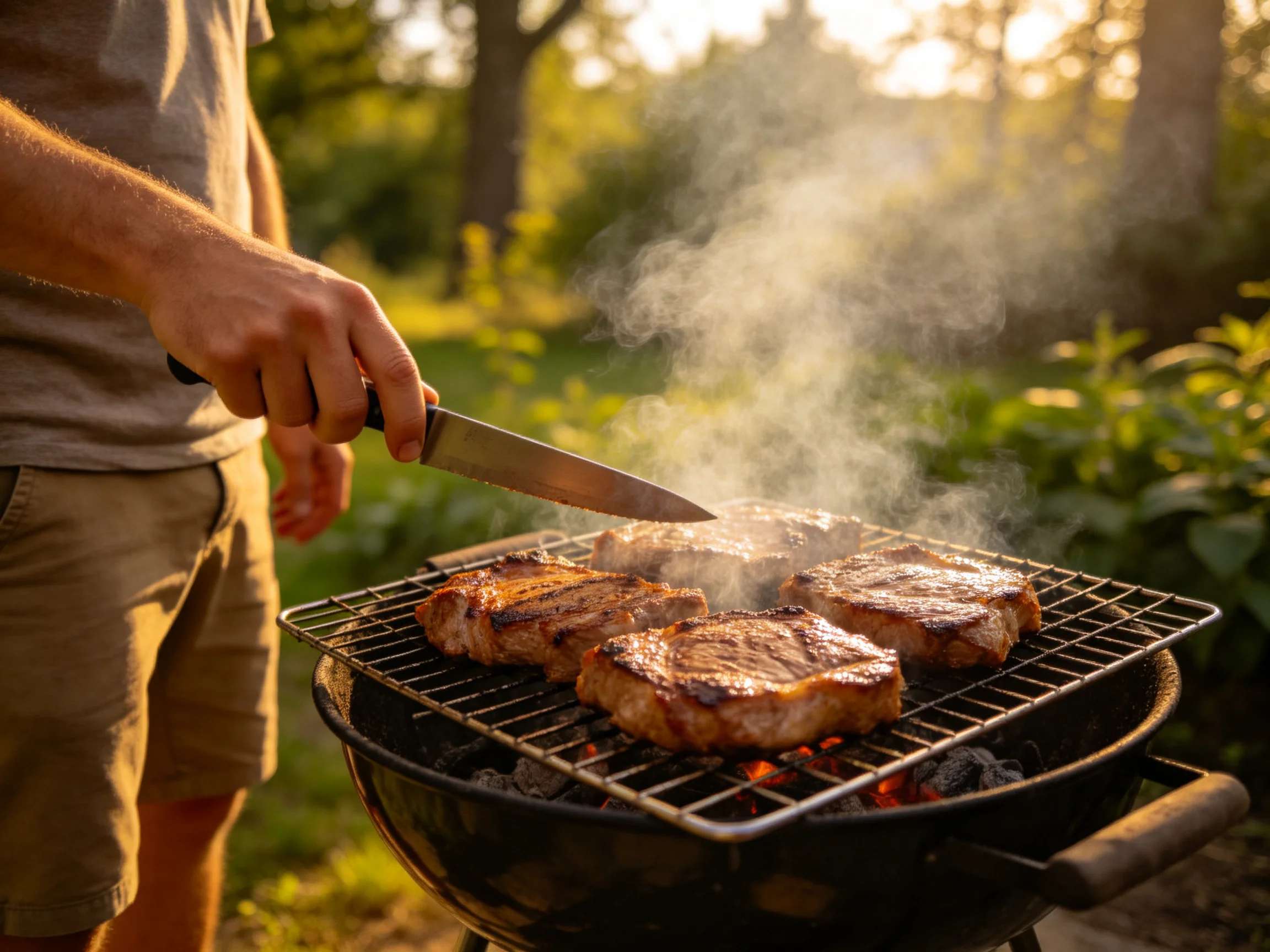 Three grilled steaks being sliced on a black charcoal grill in a sunny backyard