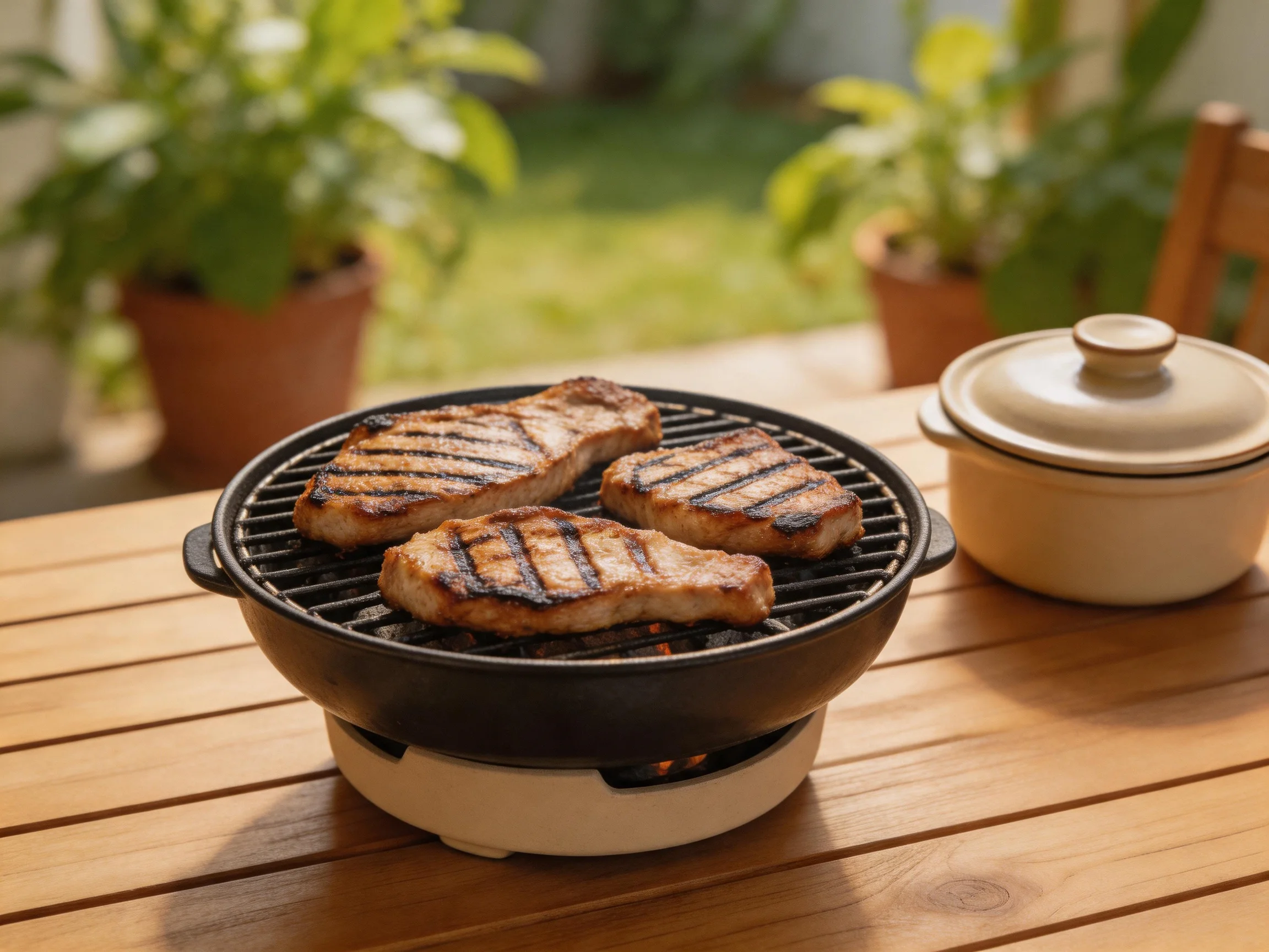Three grilled steaks cook on a black portable grill outdoors