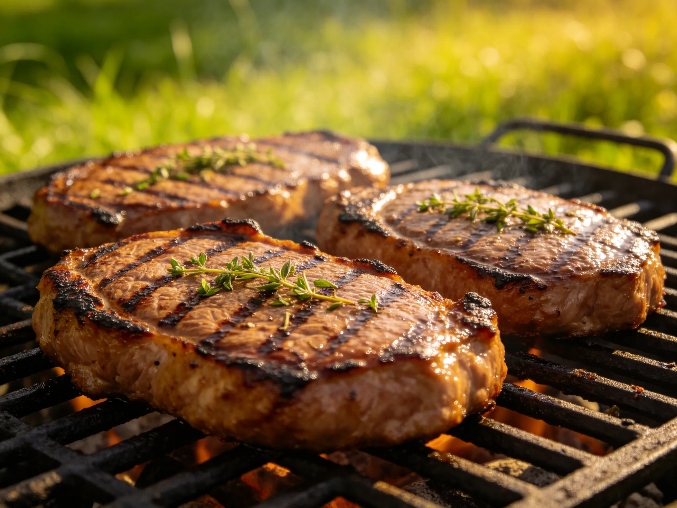 Three grilled steaks garnished with fresh herbs on an outdoor grill