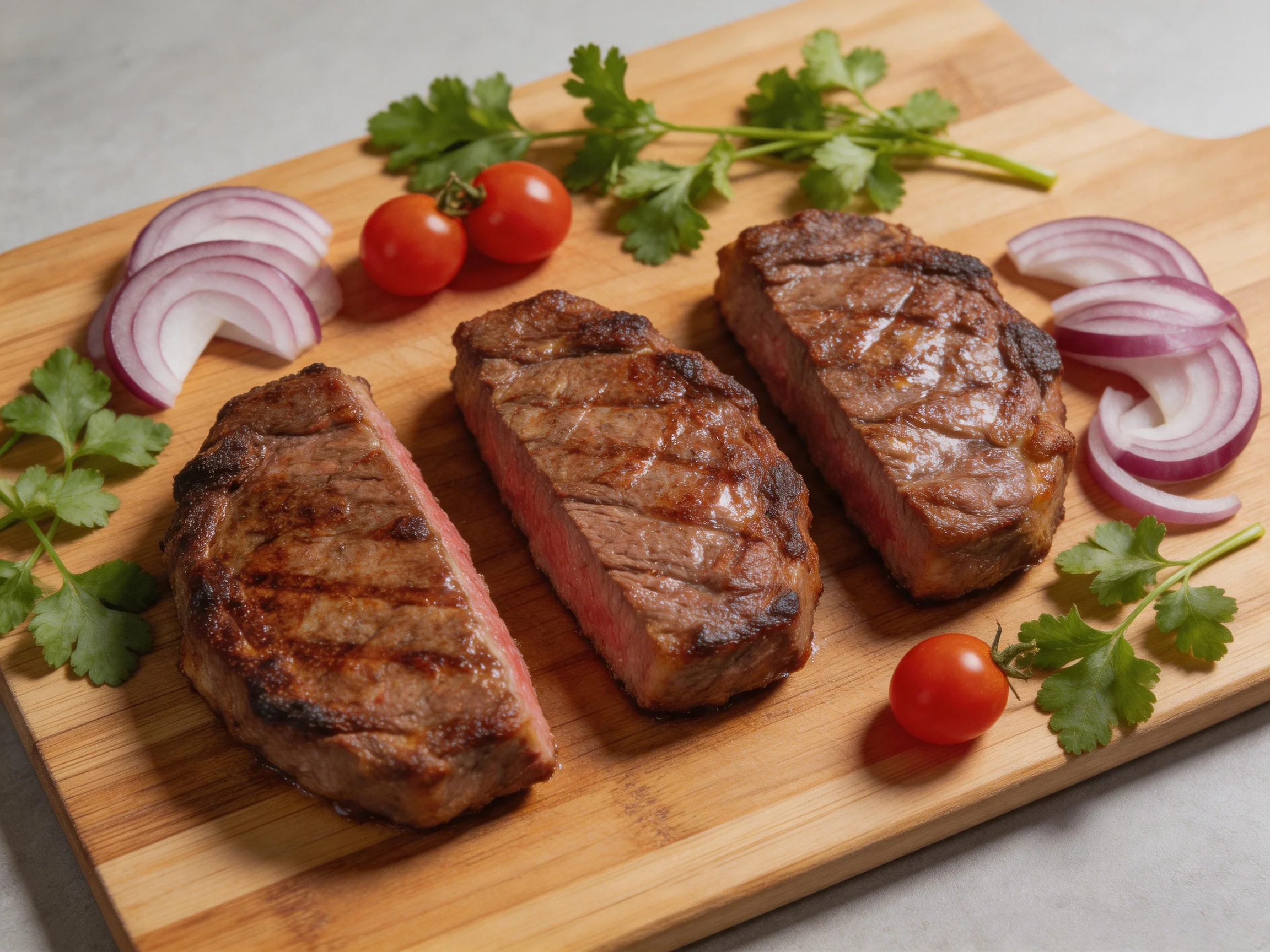 Three grilled steaks on a wooden board with red onions and cilantro