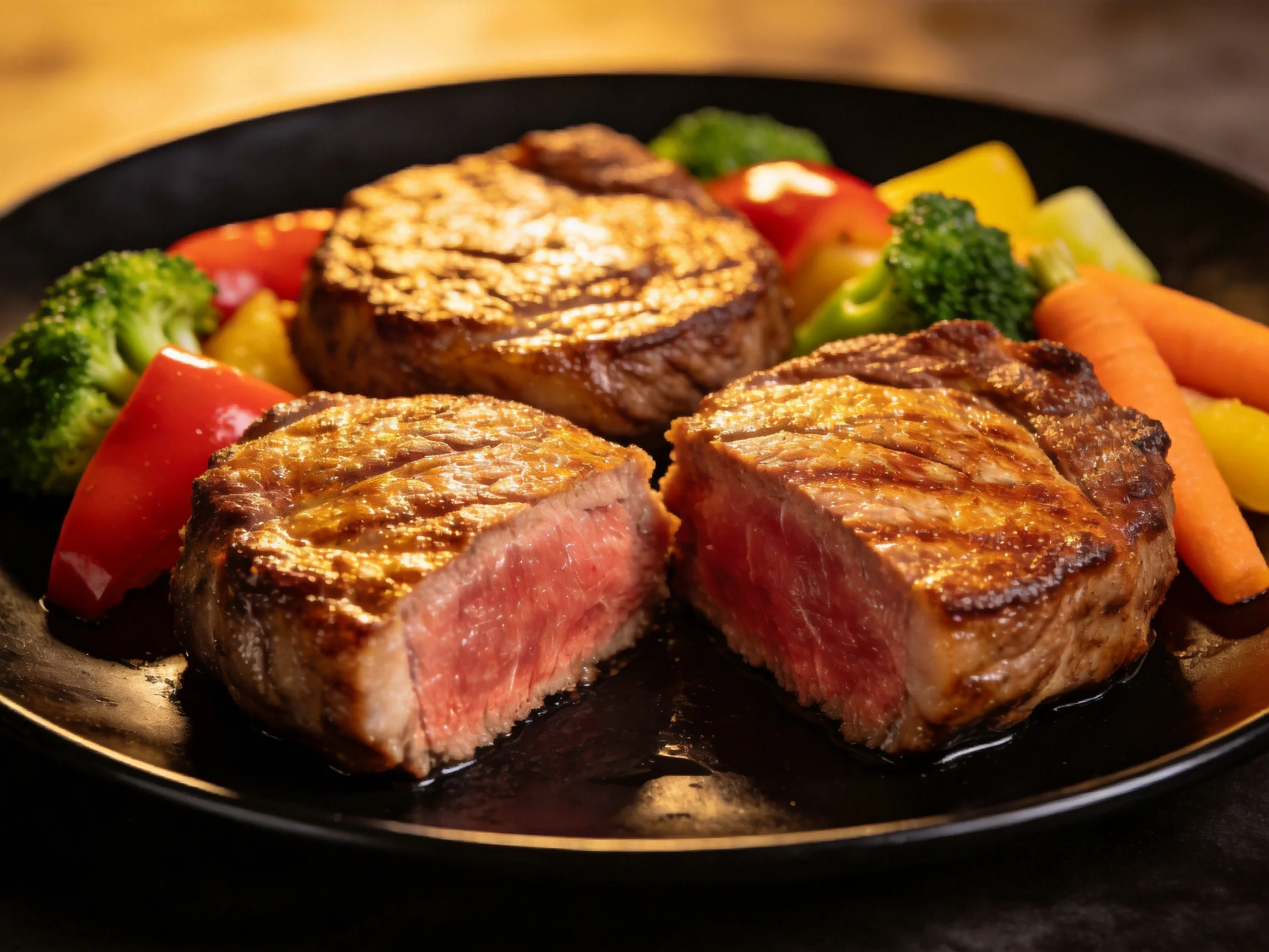 Three grilled steaks served with colorful vegetables on a black plate