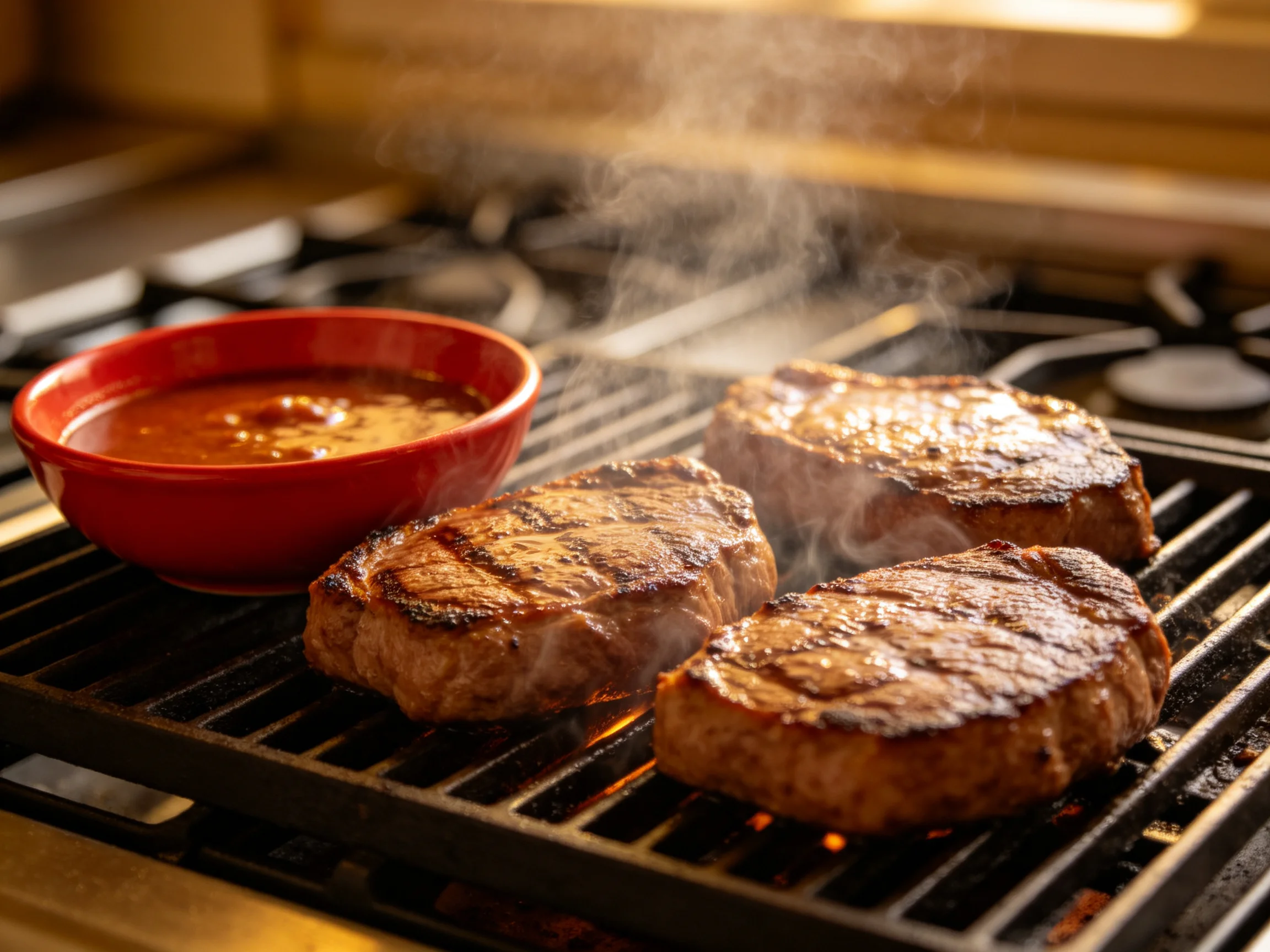 Three grilled steaks sizzle on a black grill beside a red sauce bowl