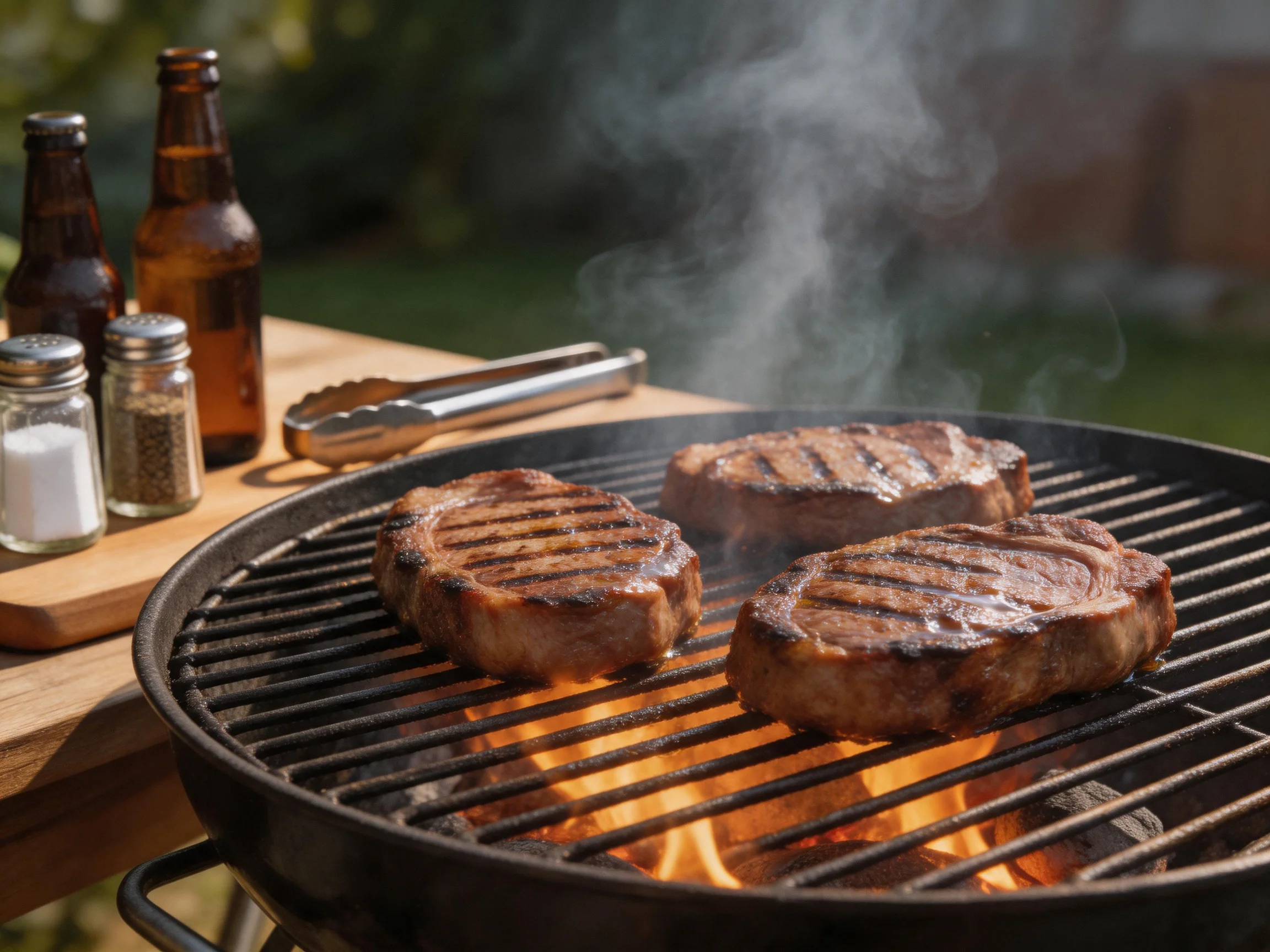 Three grilled steaks sizzle over a flaming barbecue with beer bottles