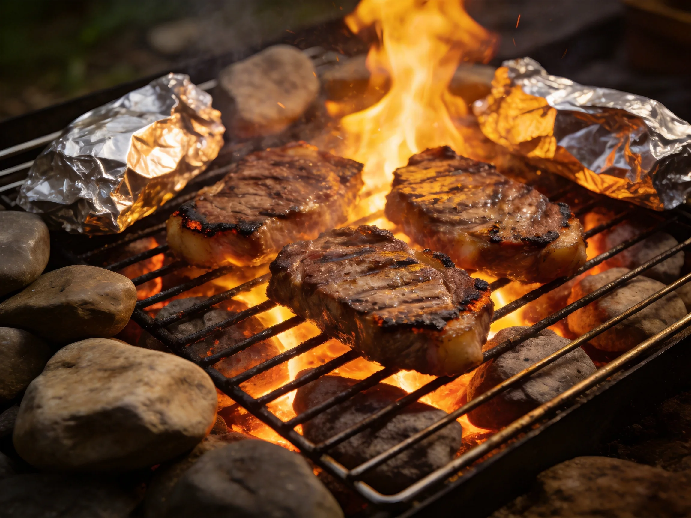 Three grilled steaks sizzle over bright flames with aluminum packets nearby