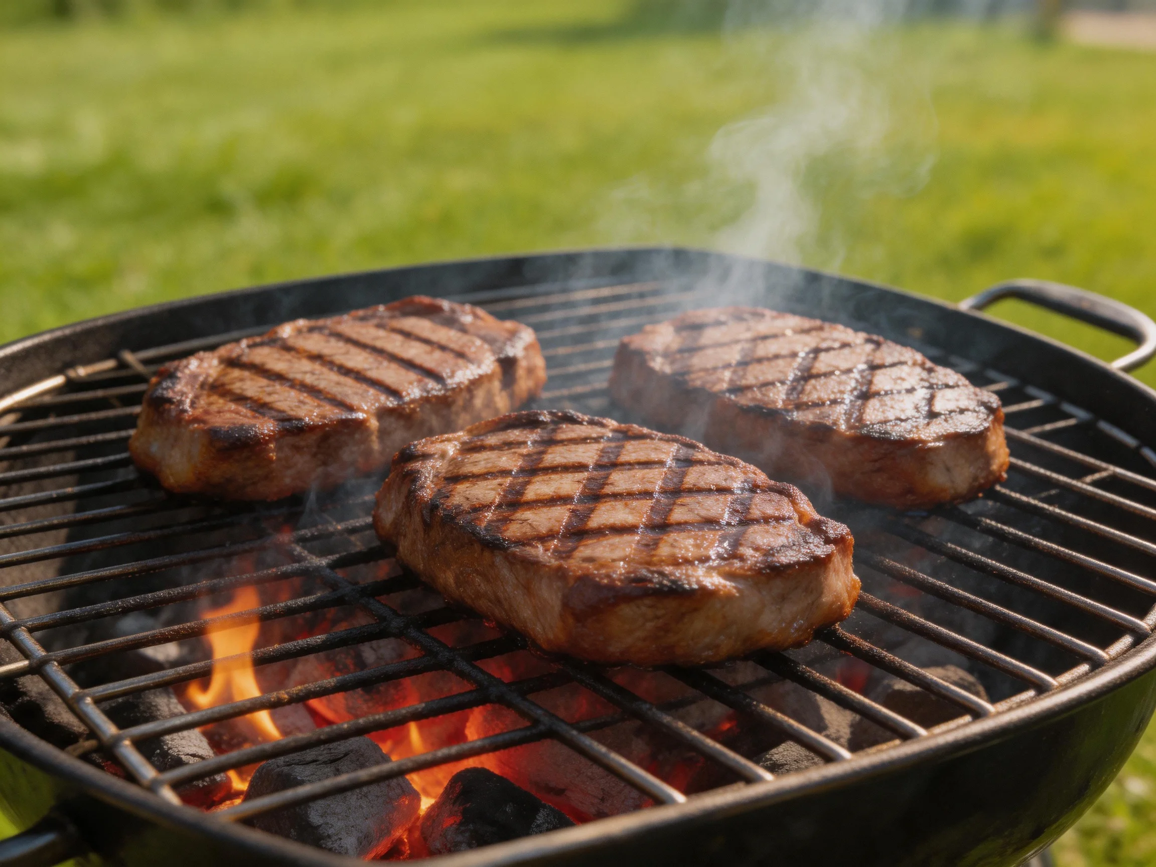 Three grilled steaks sizzle over charcoal embers in an open grassy area.