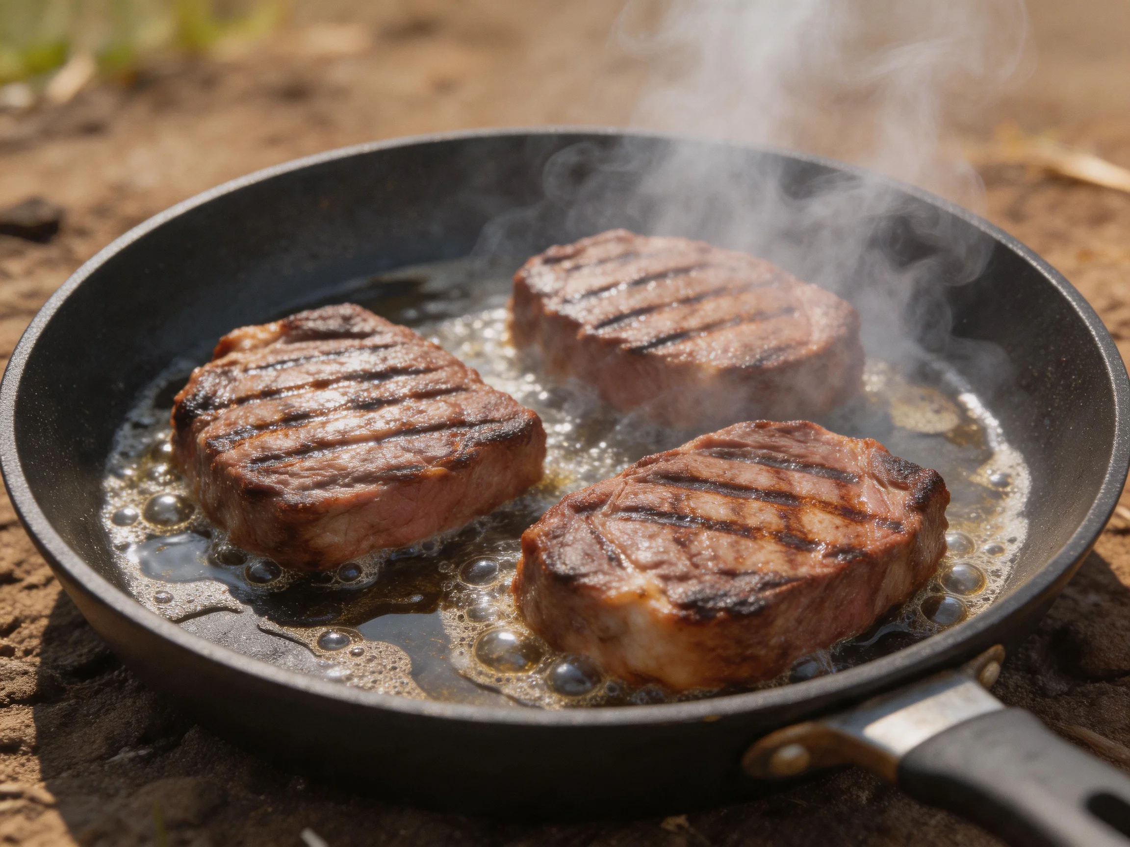 Three grilled steaks sizzling in a black skillet outdoors