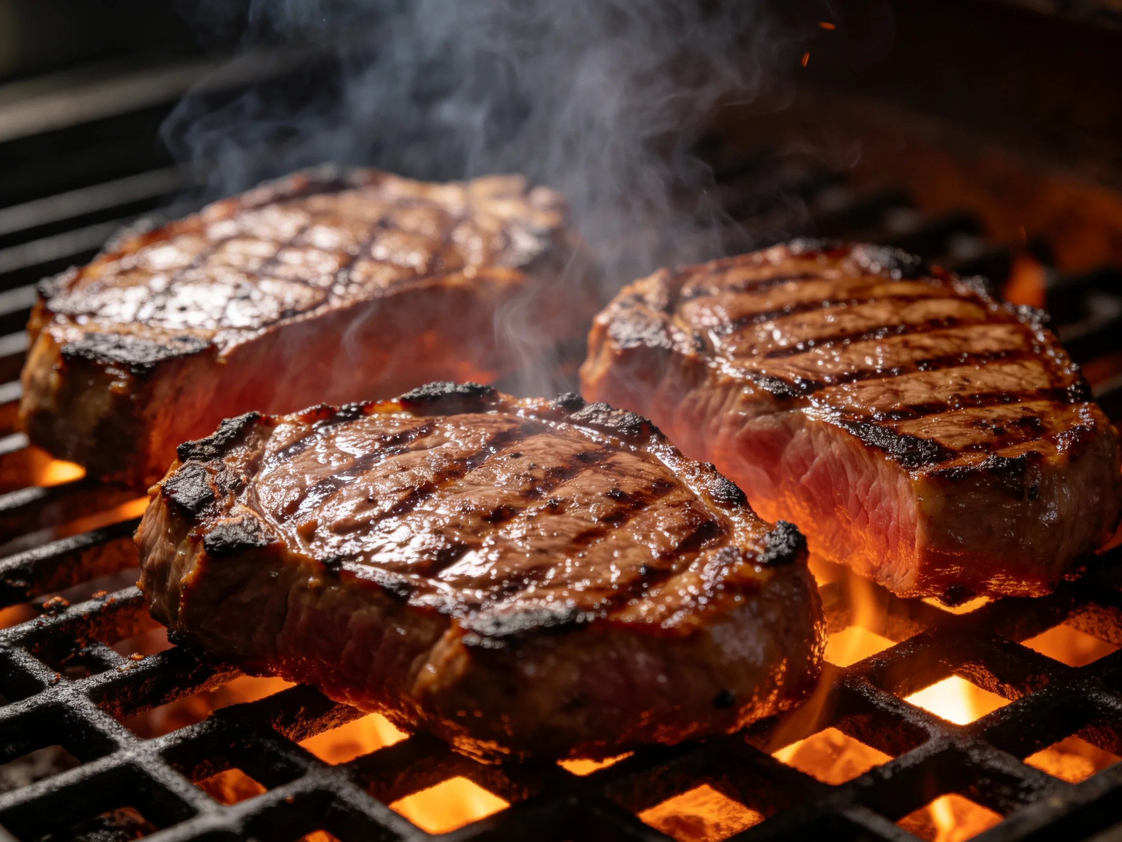 Three grilled steaks sizzling on a hot grill with glowing embers