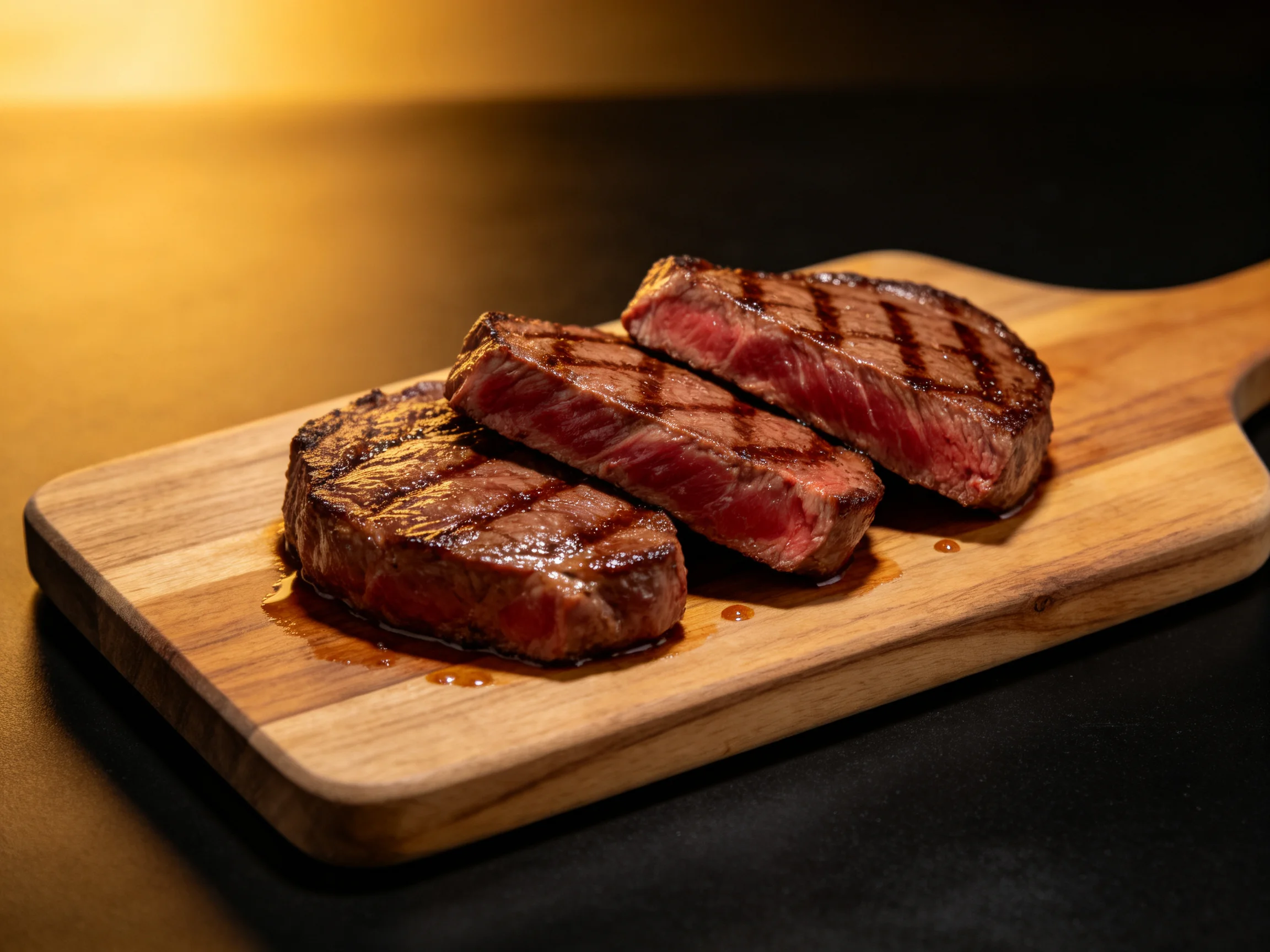 Three grilled steaks with char marks on a wooden serving board