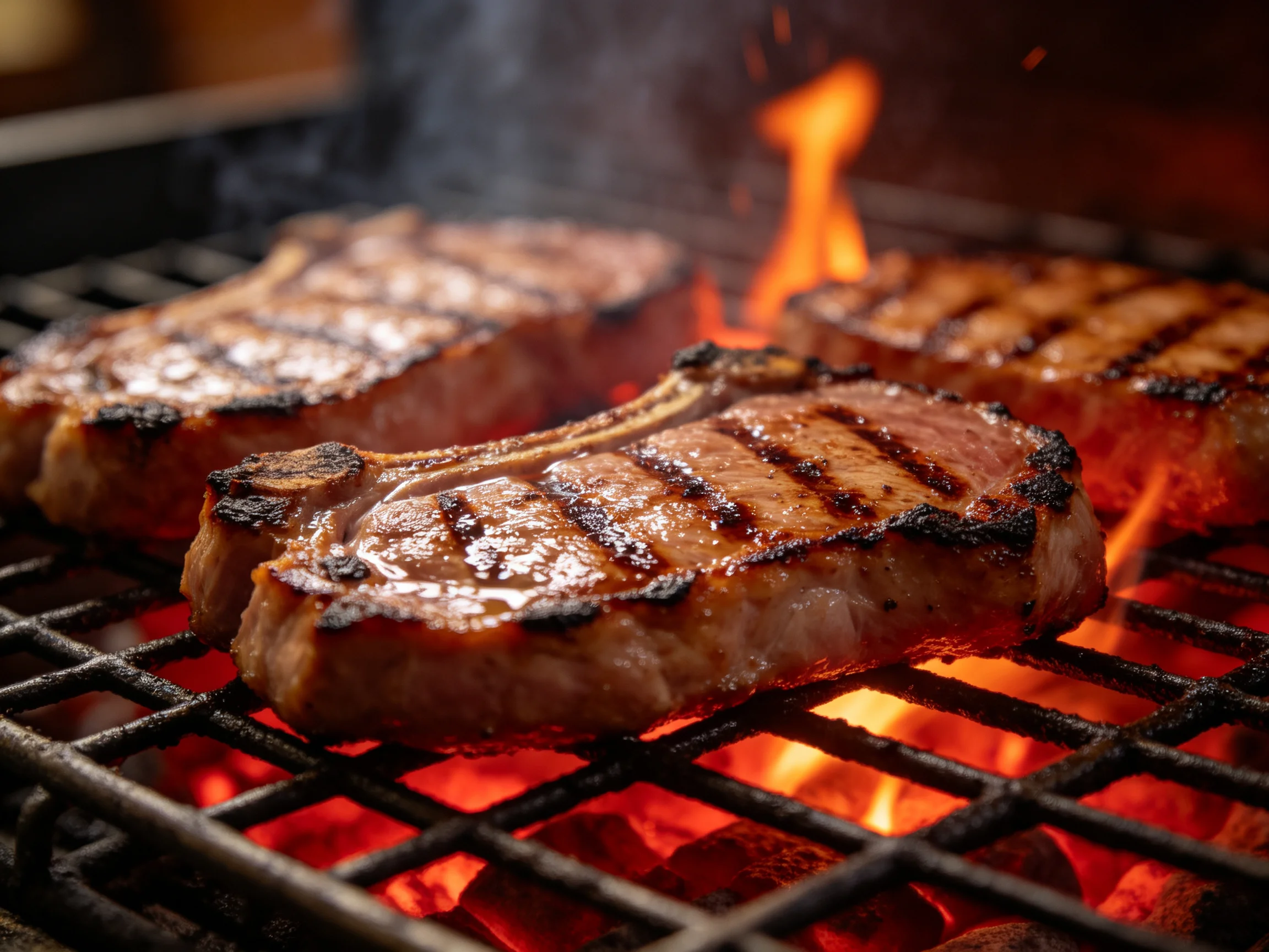 Three grilled steaks with dark grill marks cook over bright orange flames on a metal grill