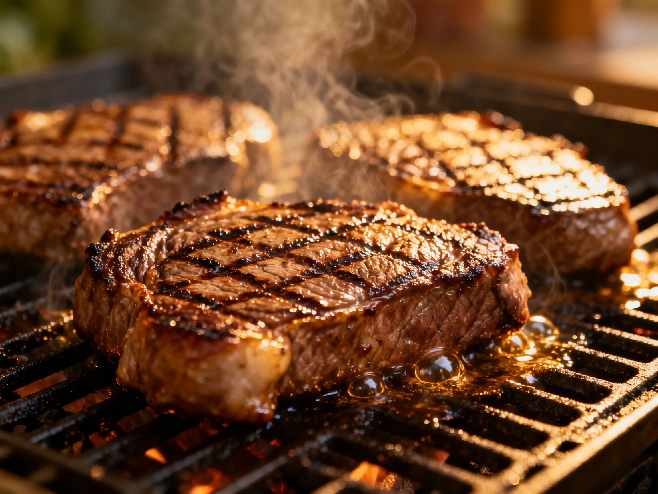 Three grilled steaks with prominent char marks cooking over a hot grill