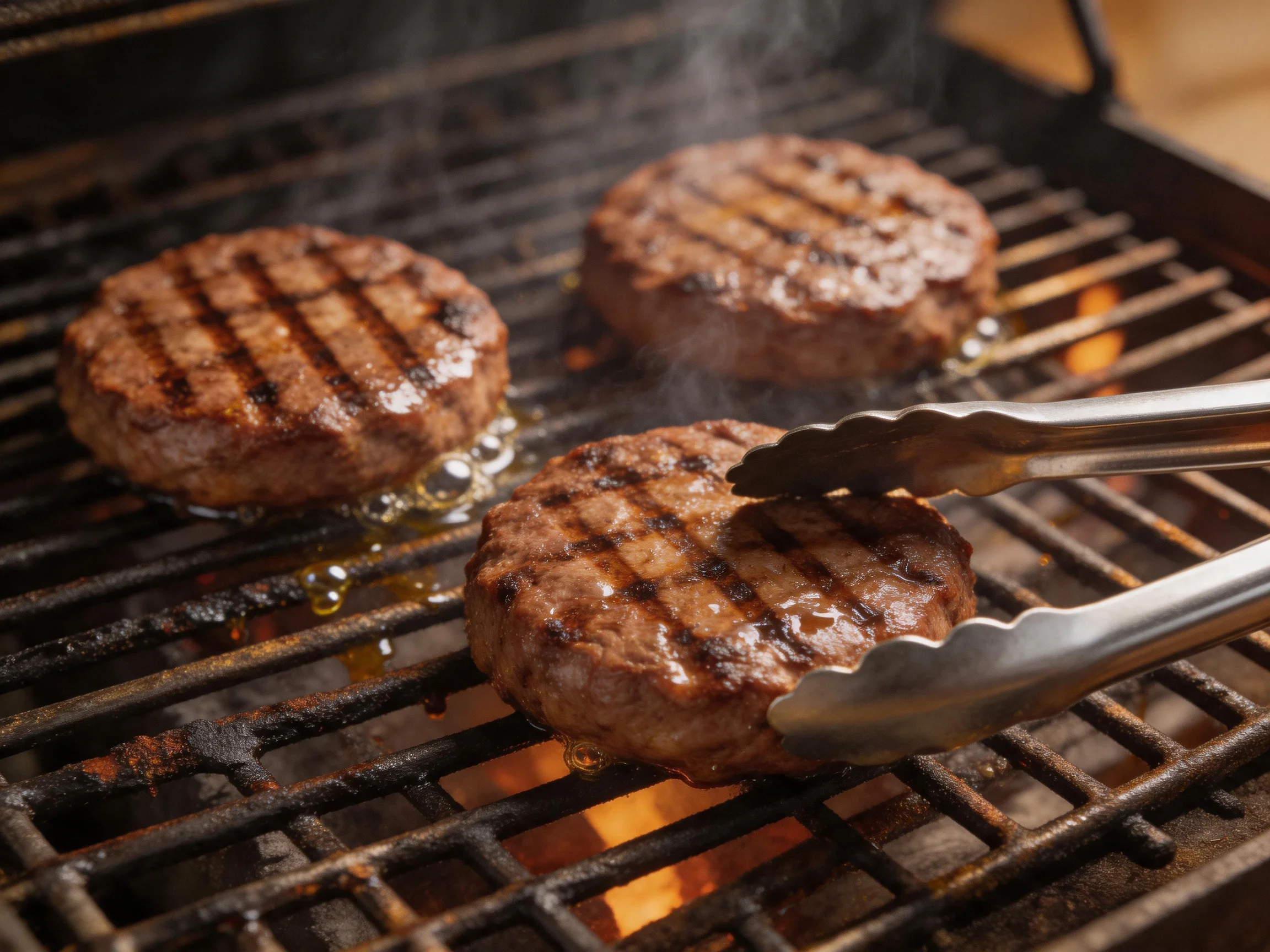 Three juicy burger patties grilling on a dark metal grill with silver tongs