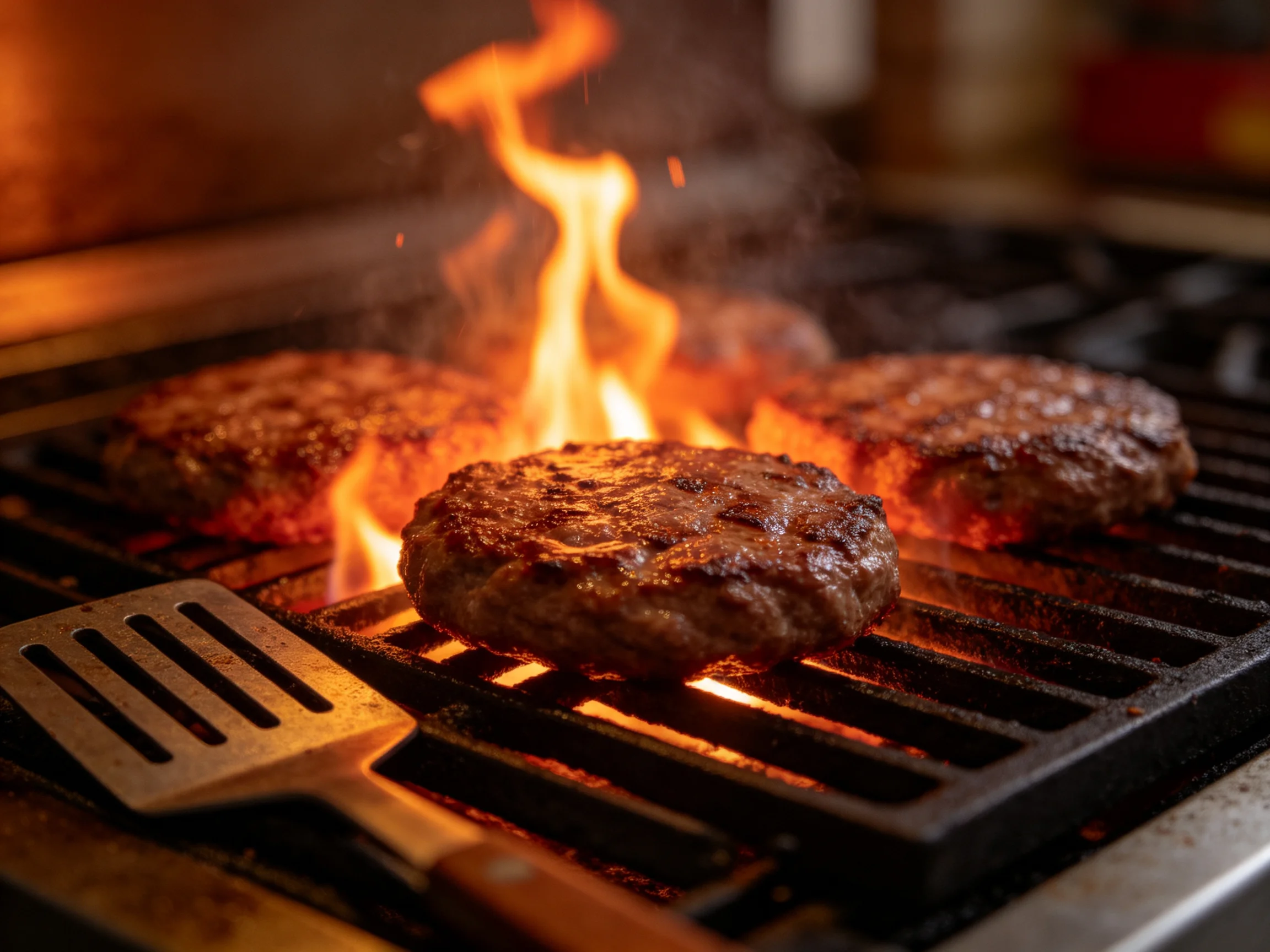 Three juicy burger patties sizzle over bright flames on a black grill