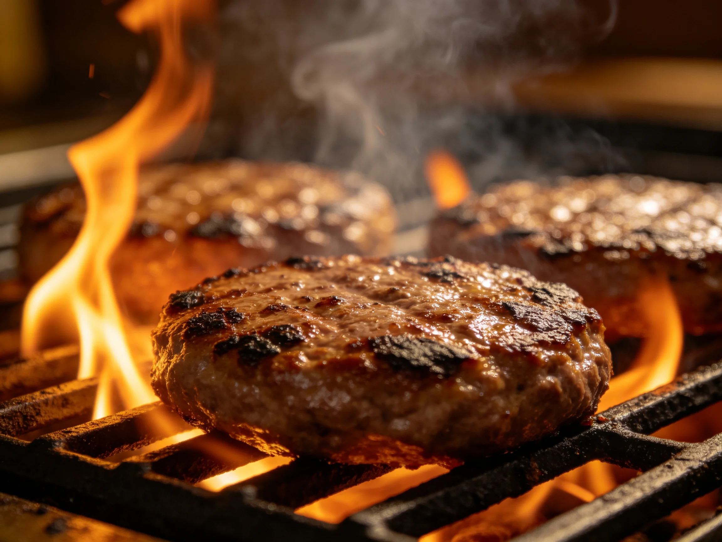 Three juicy burger patties sizzle over bright orange flames on a black grill