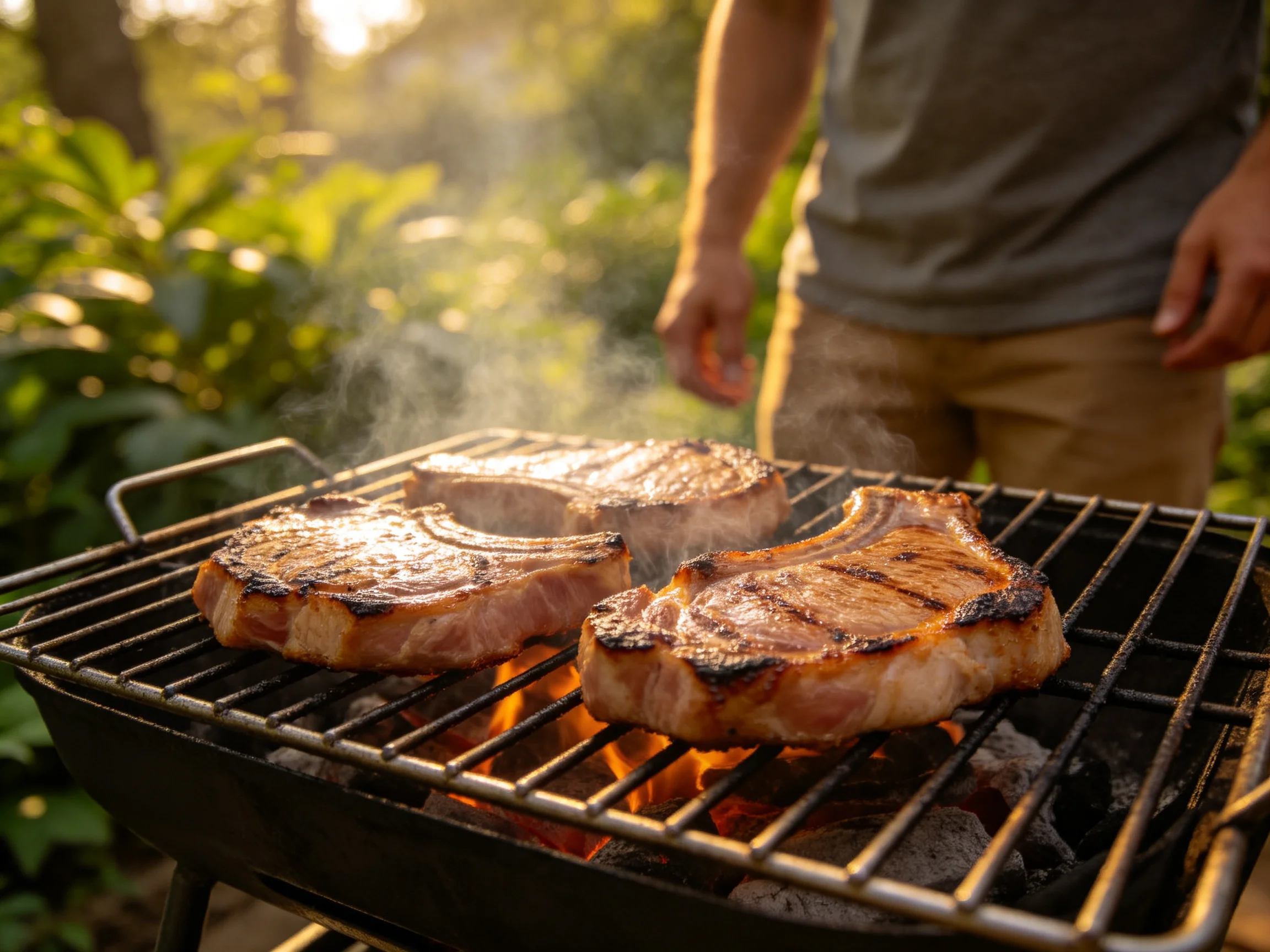 Three juicy steaks grill over charcoal in a sunlit outdoor setting