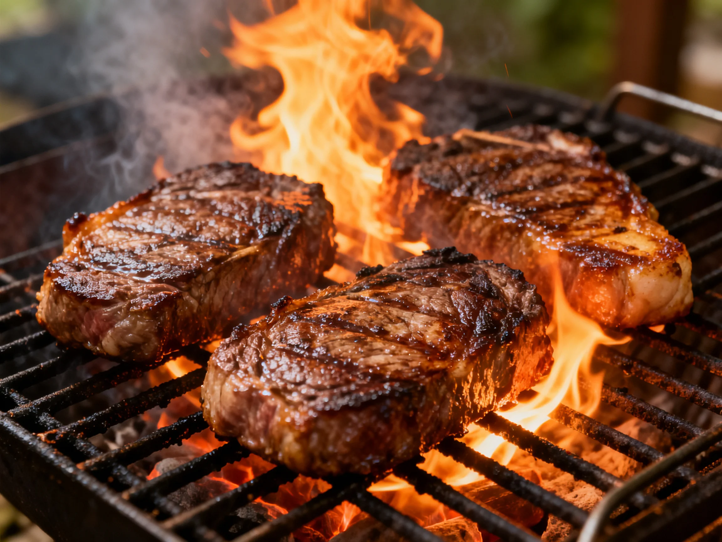 Three juicy steaks grilling over bright orange flames on a barbecue