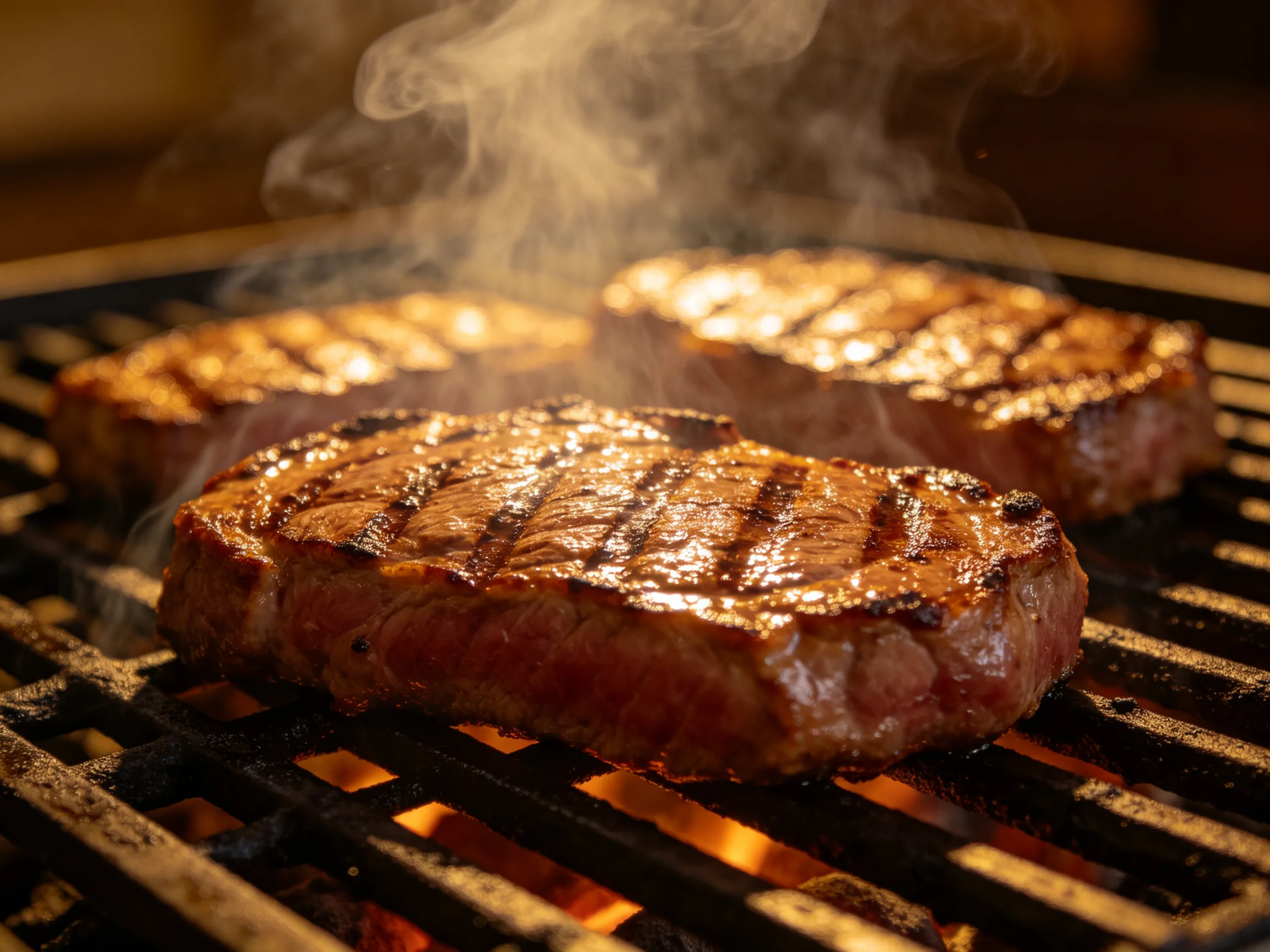 Three juicy steaks sizzle on a hot grill with golden-brown sear marks