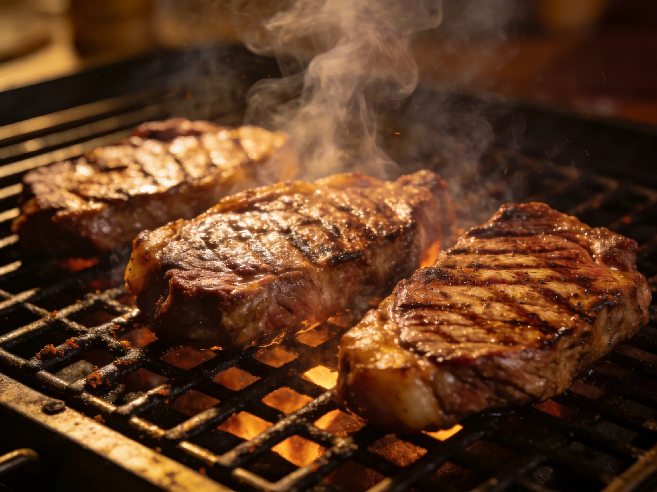 Three juicy steaks sizzle on a hot grill with smoky flames