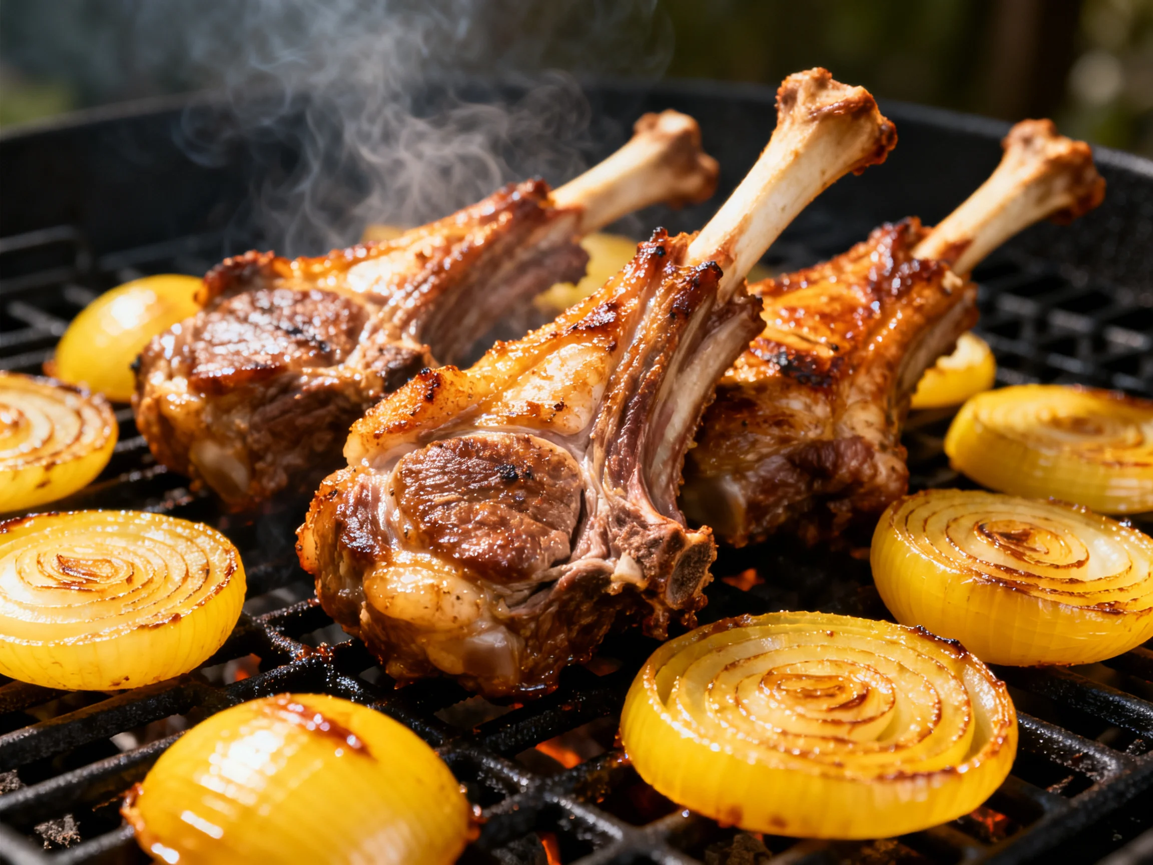 Three lamb chops and caramelized onion slices grilling over an open flame