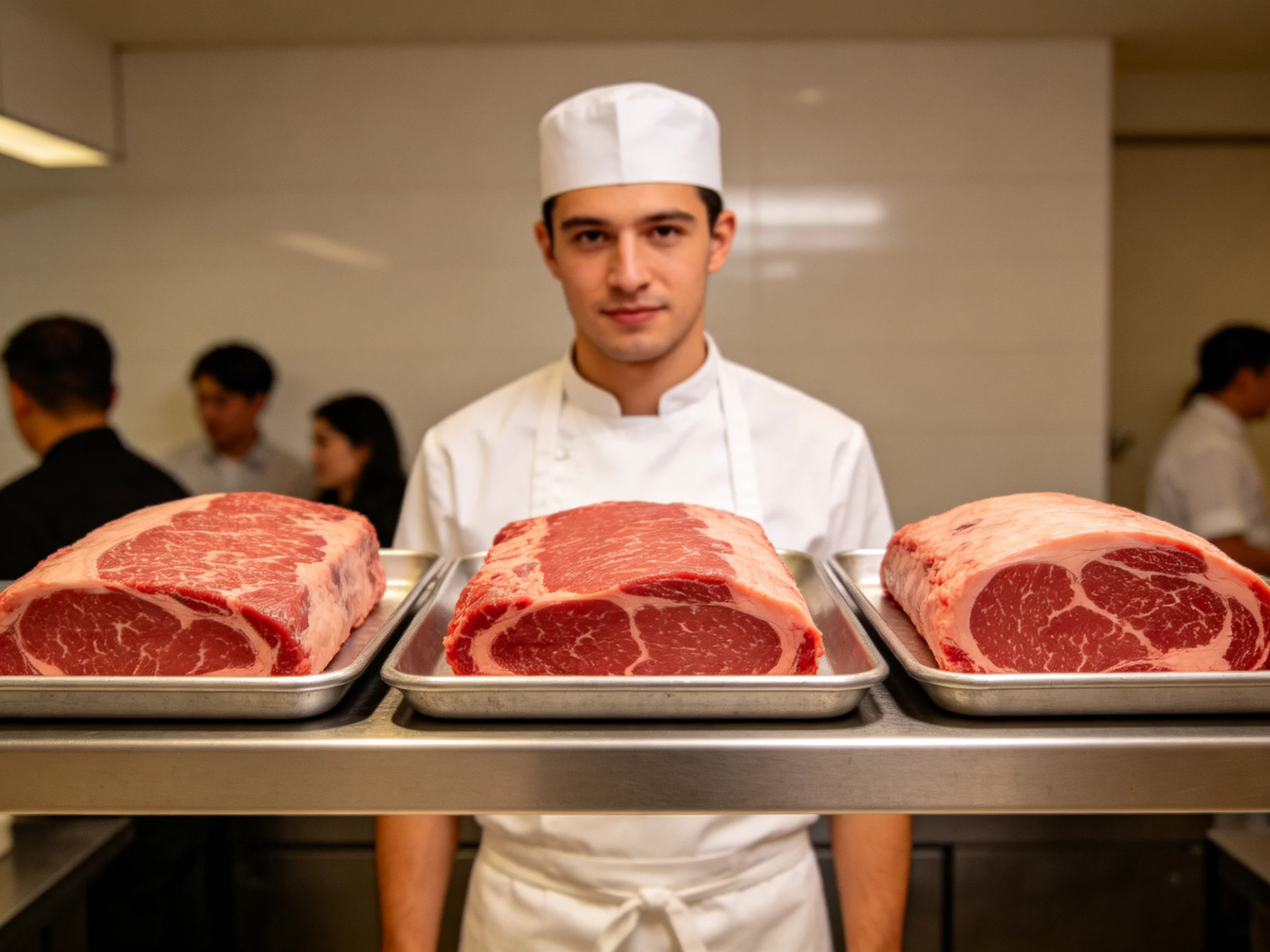 Three large raw marbled steaks presented by a chef in a professional kitchen