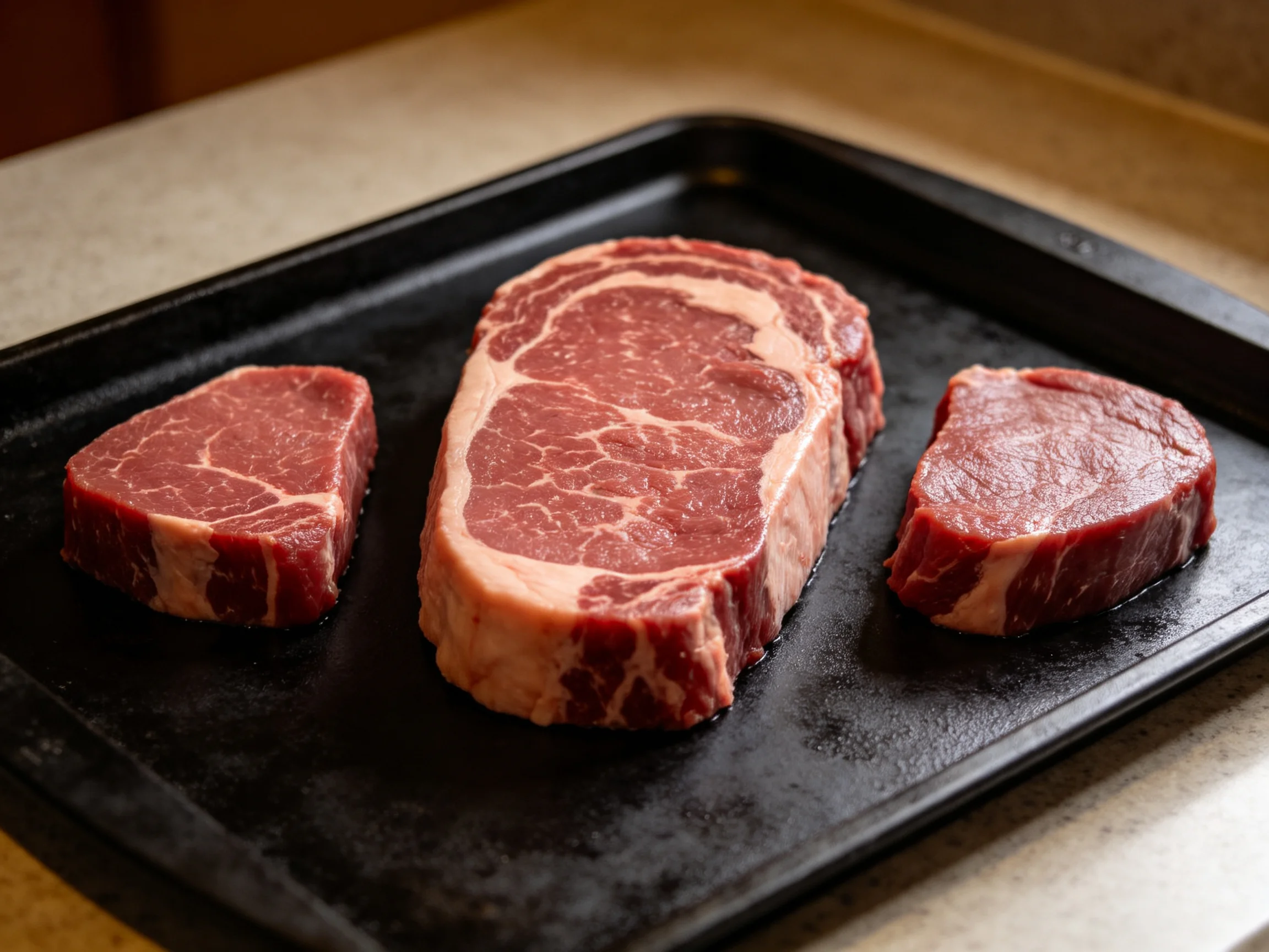 Three marbled raw steaks arranged on a black tray