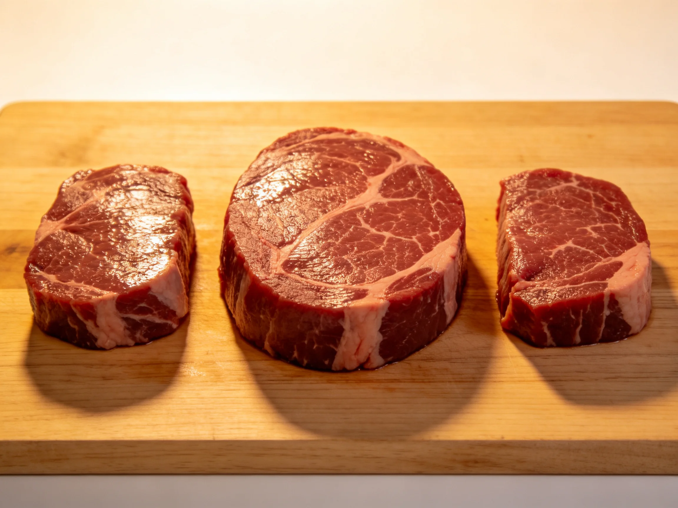 Three marbled raw steaks arranged on a wooden cutting board