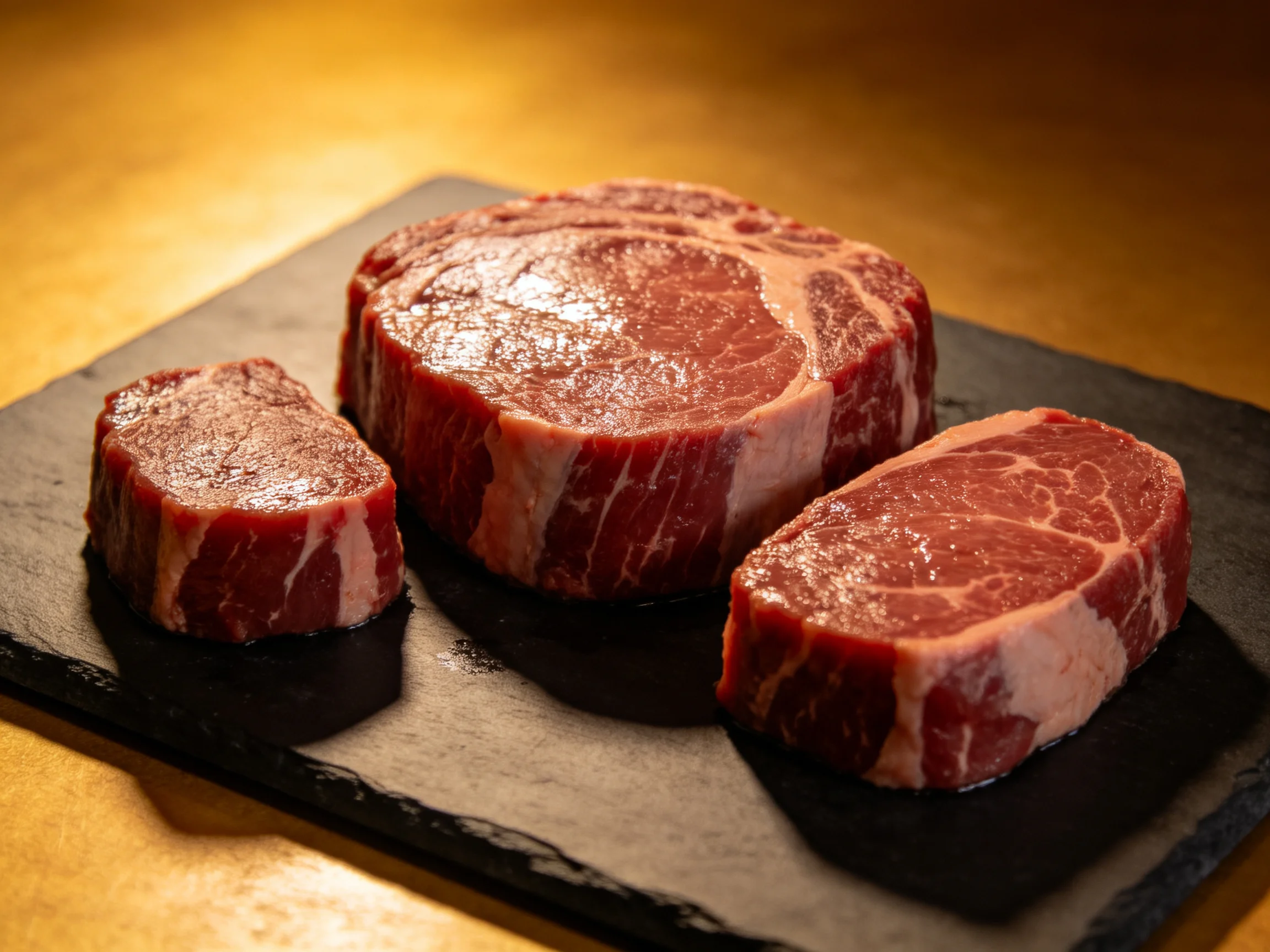 Three marbled red beef cuts arranged on a dark slate board
