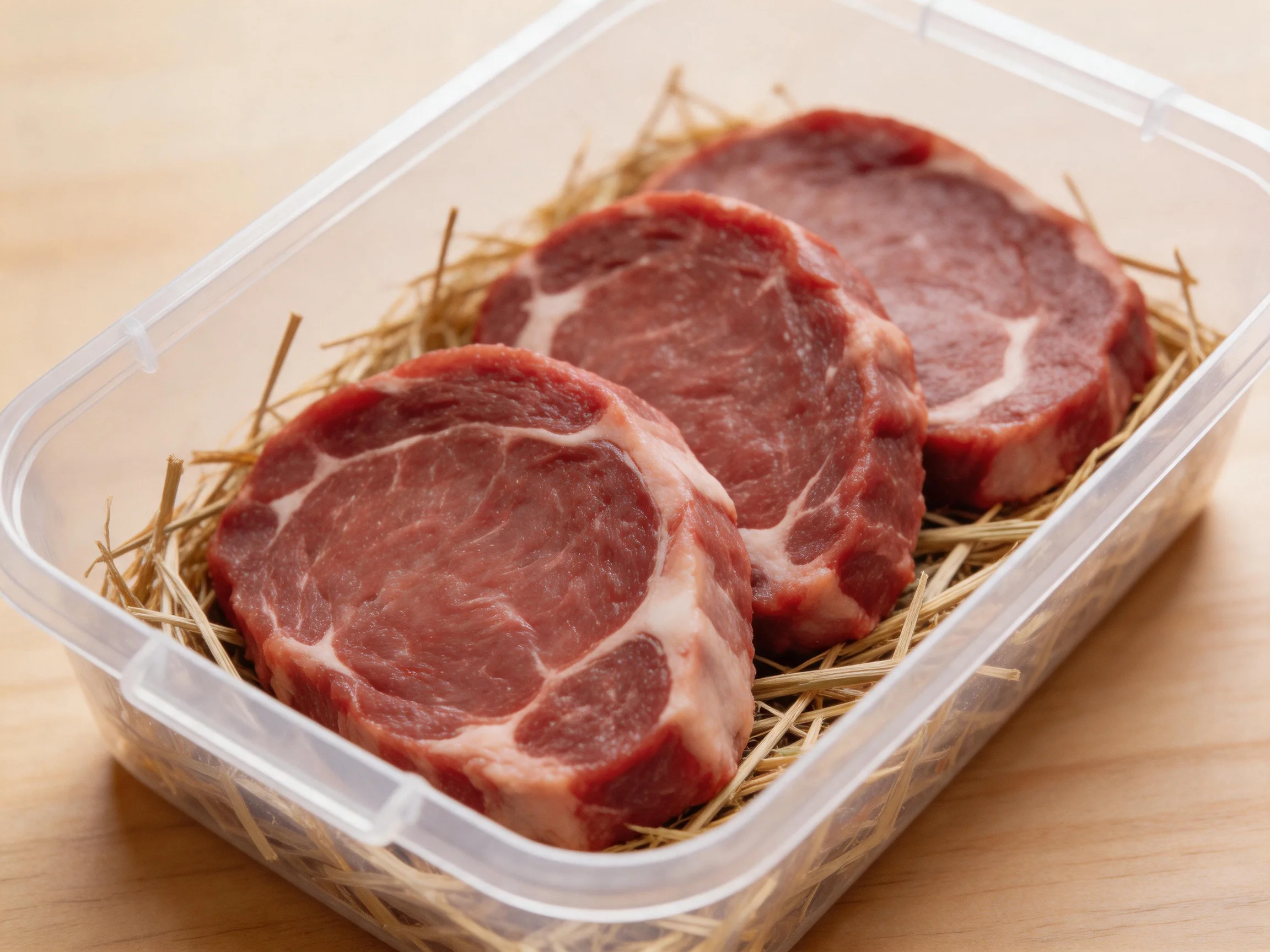 Three marbled red meat slices in a clear plastic container with straw
