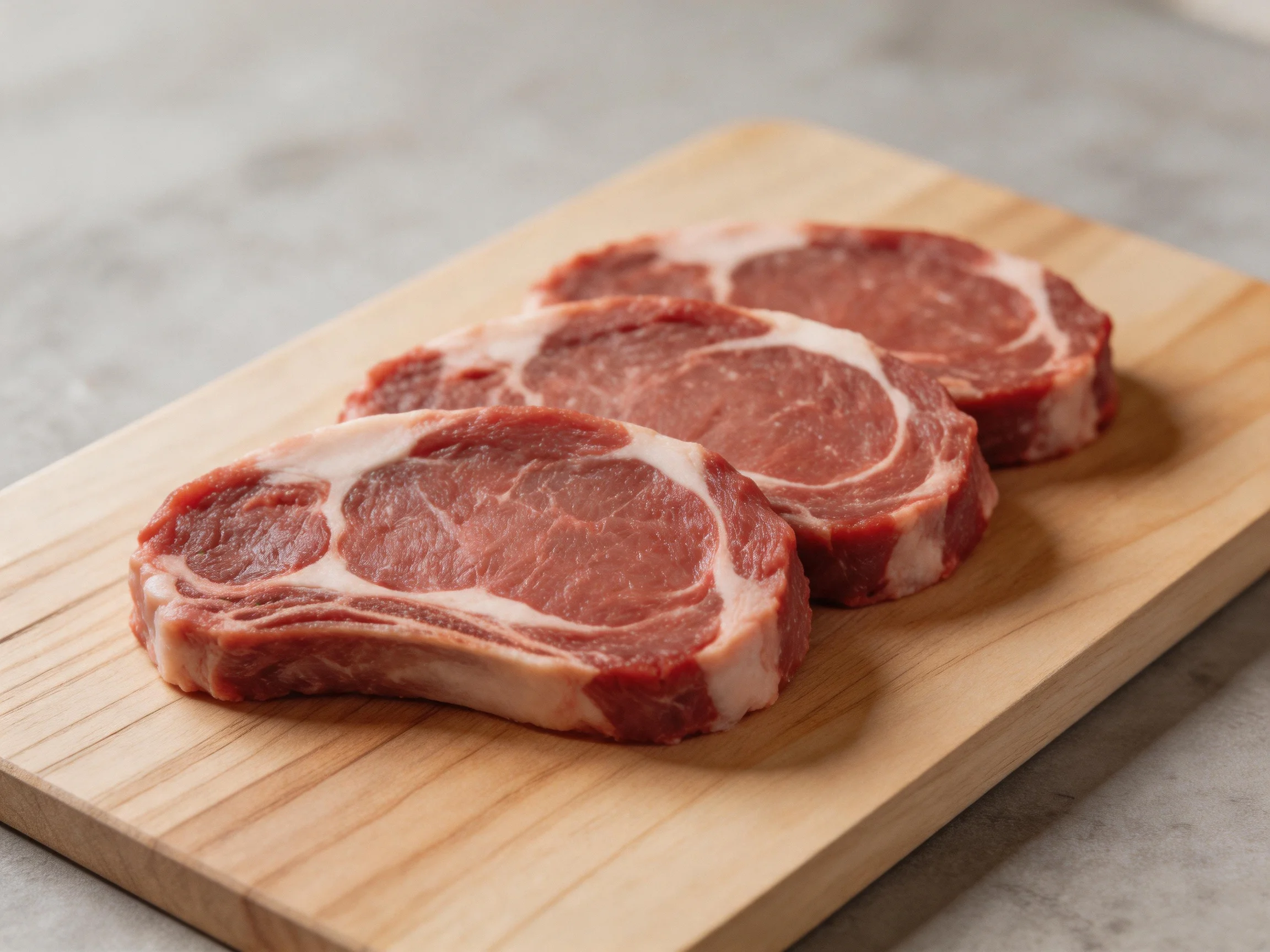 Three marbled red pork chops on a light wooden cutting board