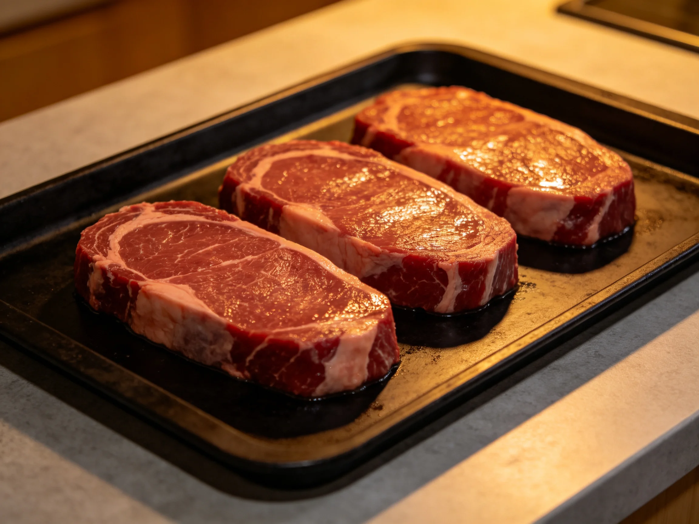 Three marbled red steaks rest on a dark baking tray