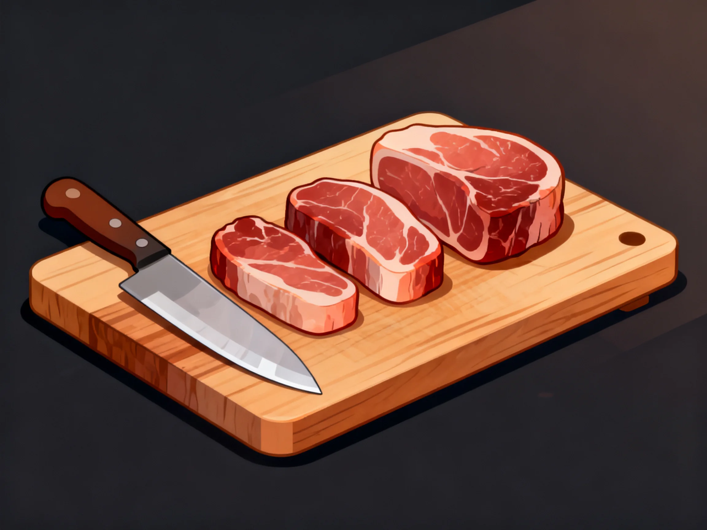Three marbled steaks rest on a wooden cutting board beside a chefs knife