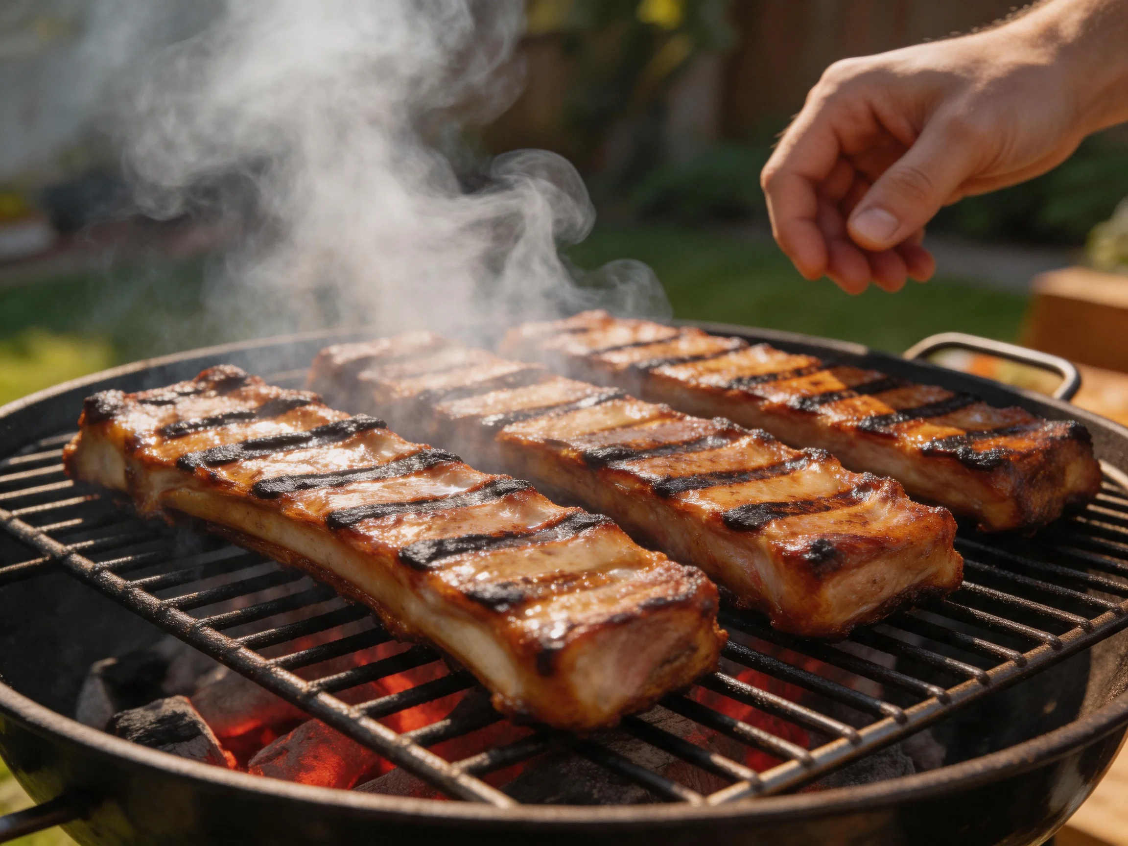 Three marinated pork ribs sizzle on a charcoal grill outdoors