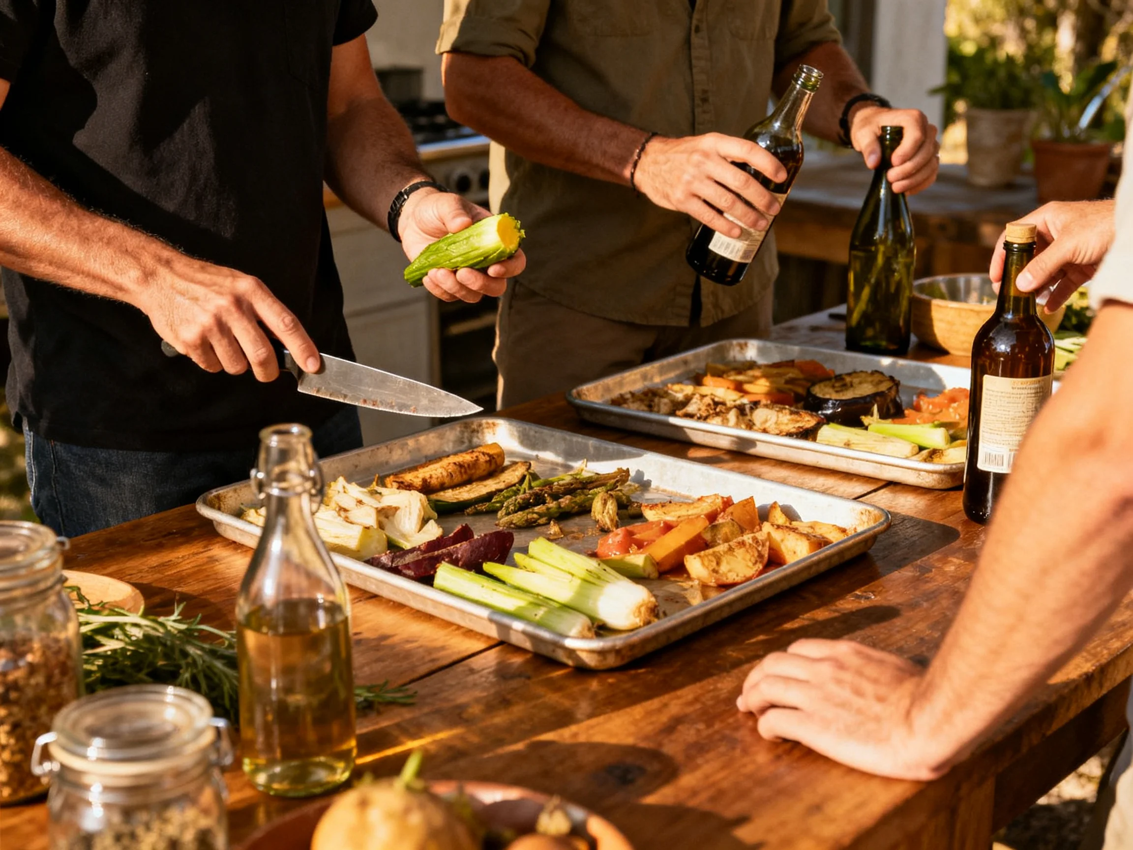Three men prepare roasted vegetables and open wine bottles at an outdoor table