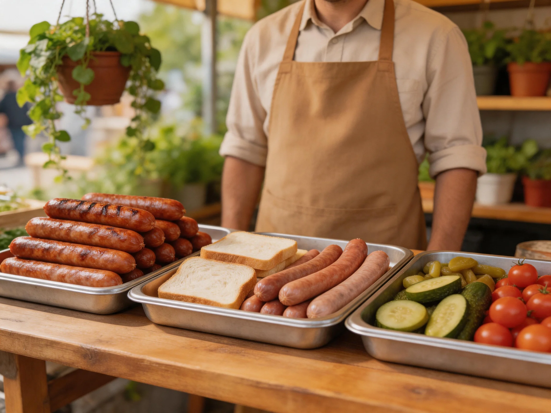 Three metal trays hold grilled sausages, sliced bread, and fresh vegetables beside hanging plants