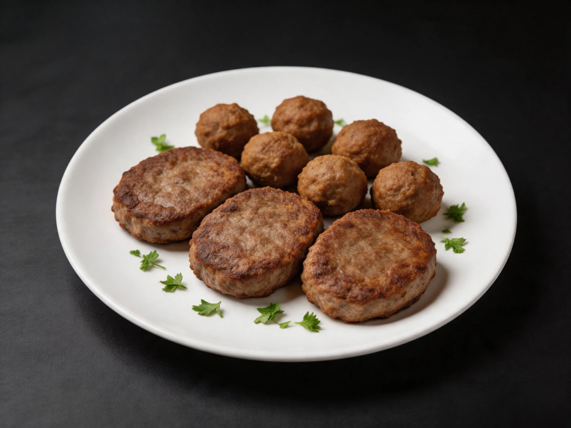 Three patties and six meatballs on a white plate with parsley