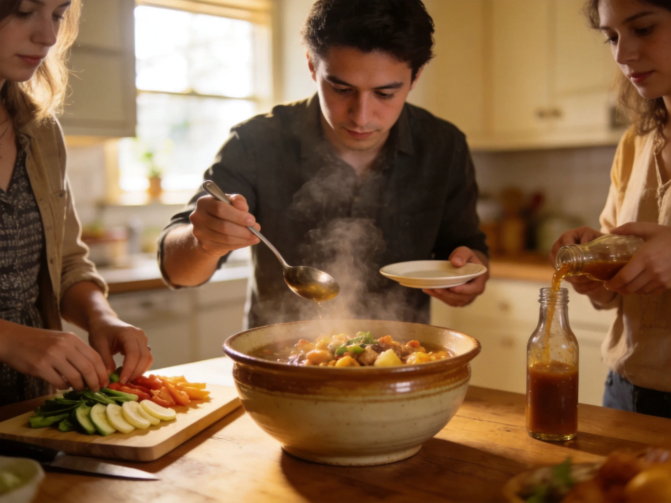 Three people cooking a hearty stew with fresh produce in a sunlit kitchen