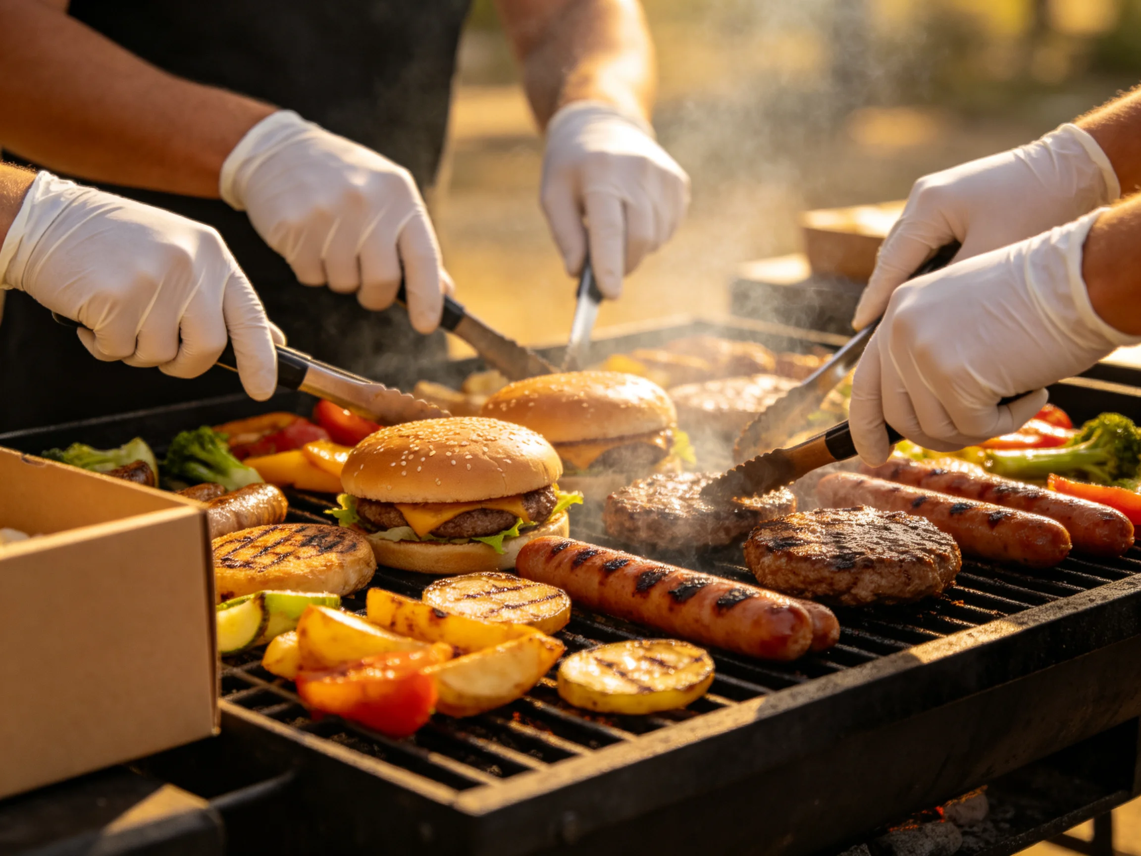 Three people grill hamburgers, hot dogs, and vegetables on an outdoor barbecue