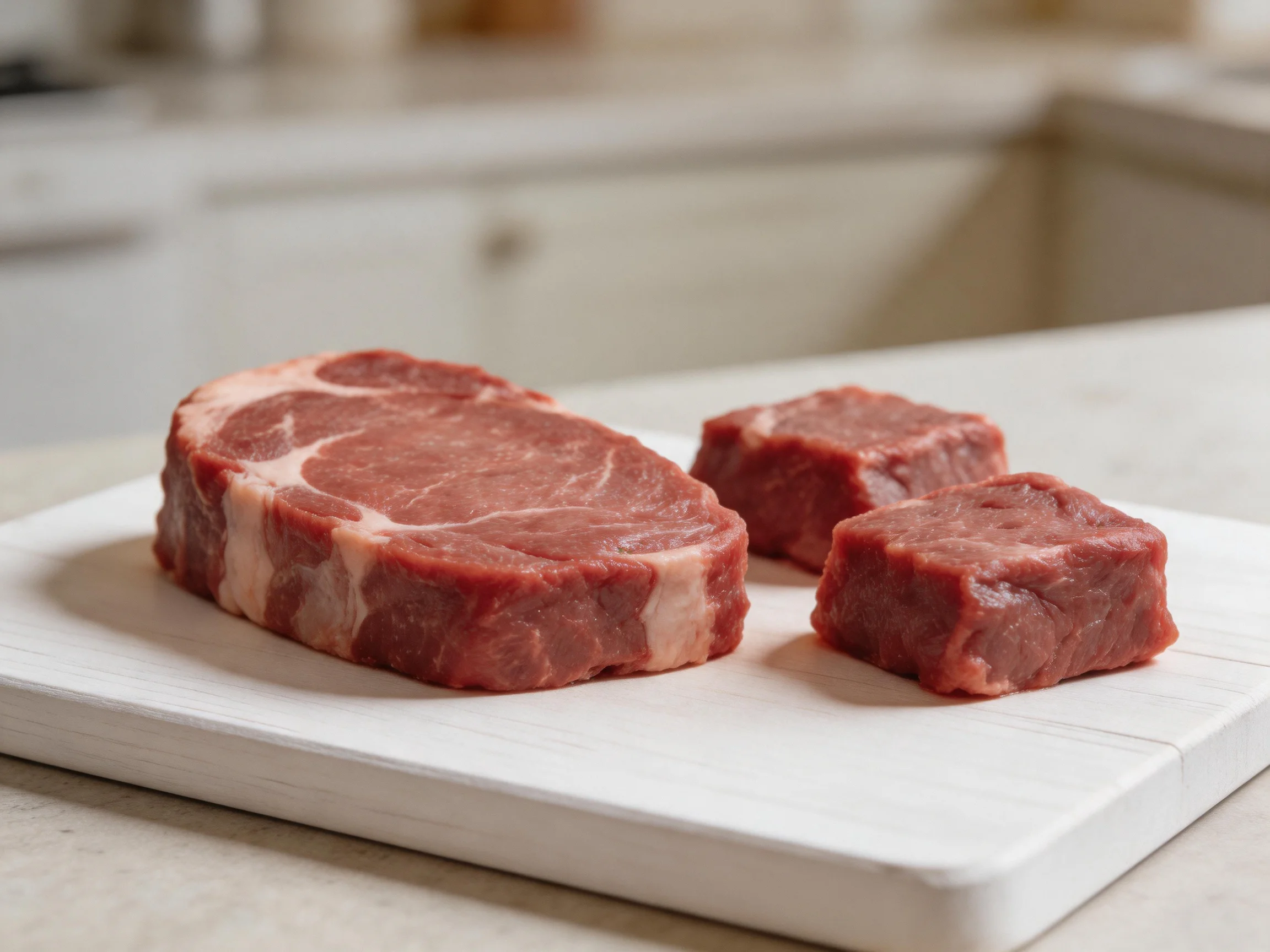 Three pieces of marbled red beef on a white cutting board