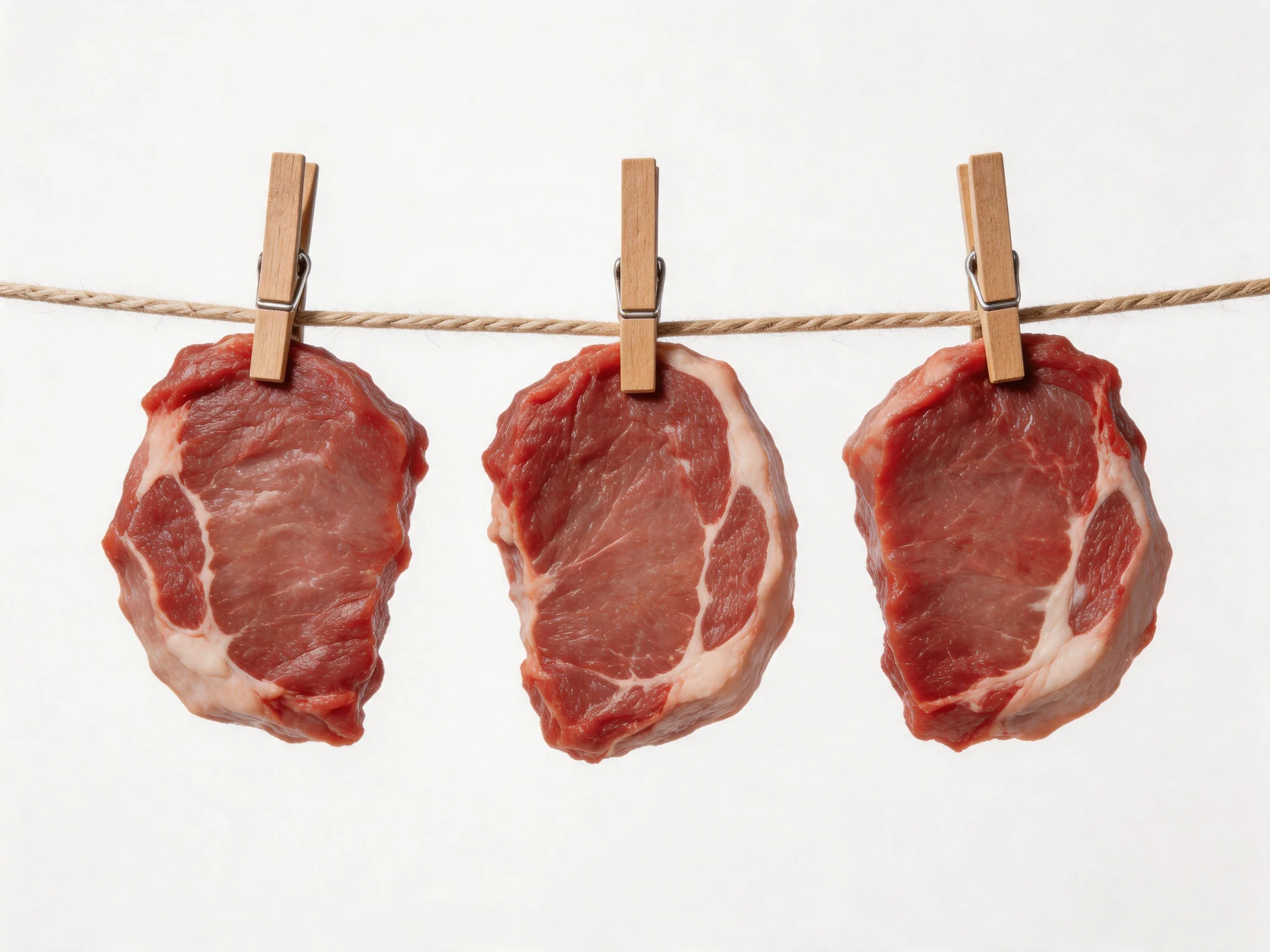 Three pieces of raw red pork are hung from a twisted twine rope using wooden