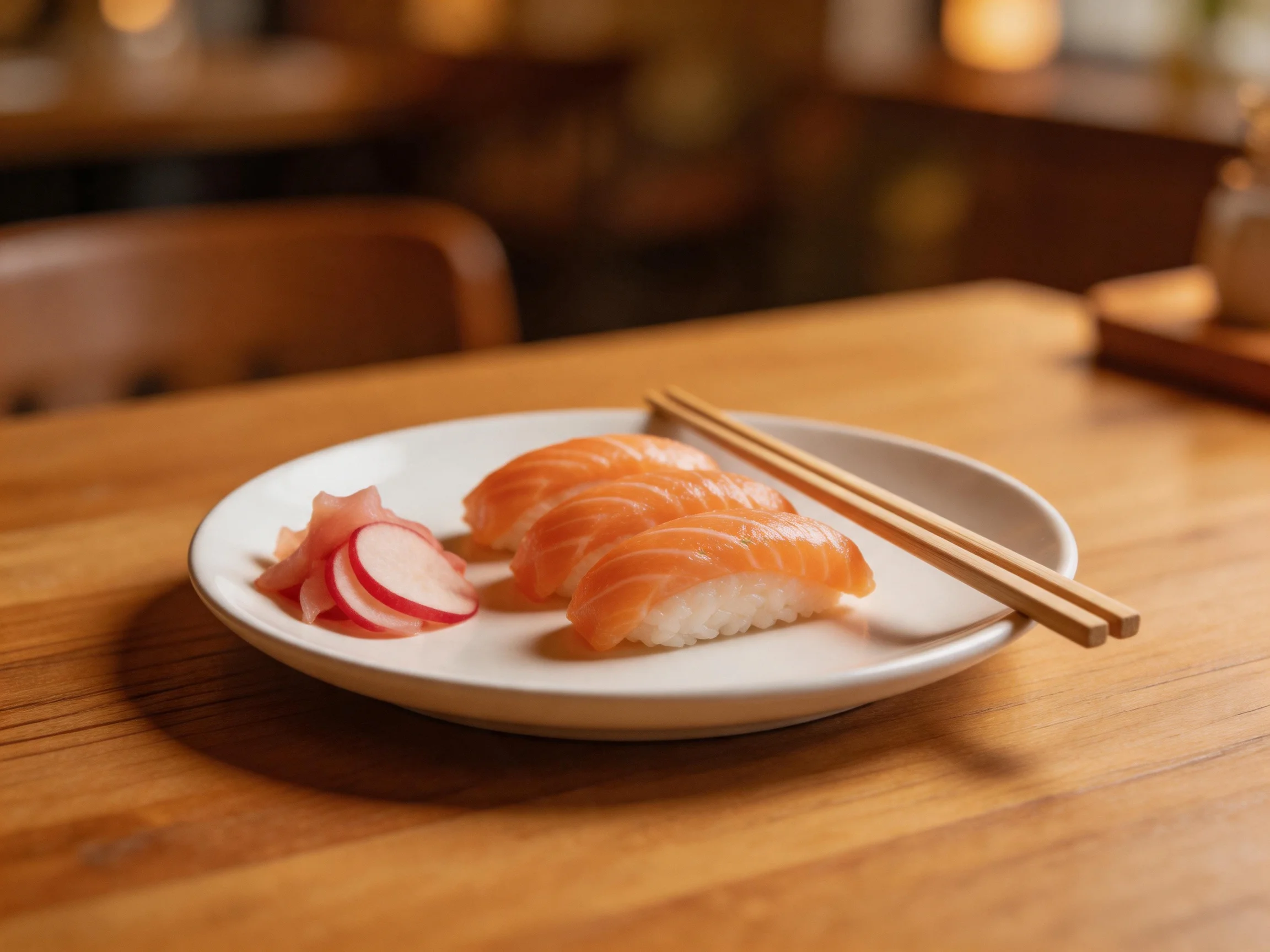 Three pieces of salmon nigiri served with pickled radish on a white plate