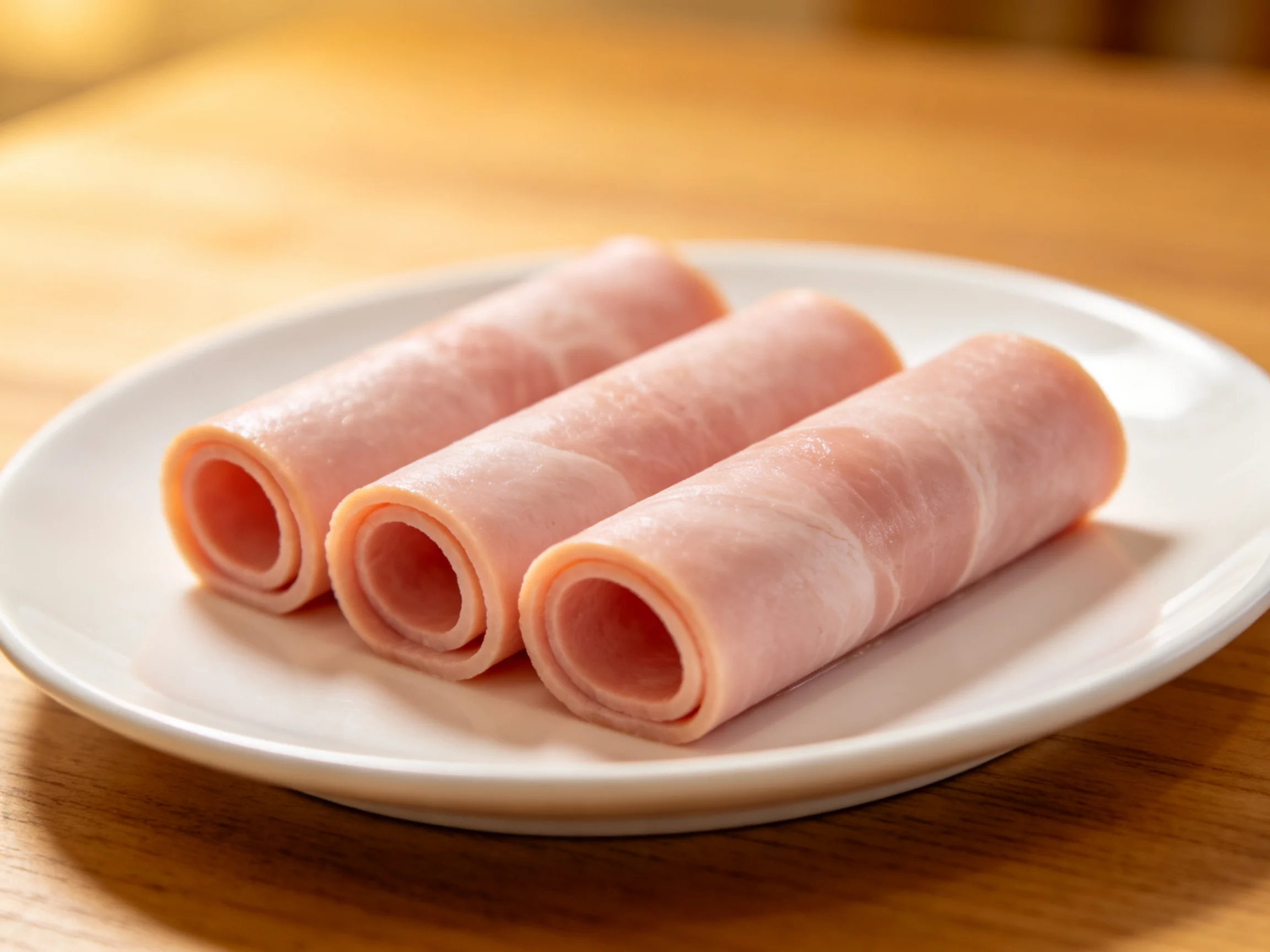Three pink ham rolls on a white plate with wooden surface
