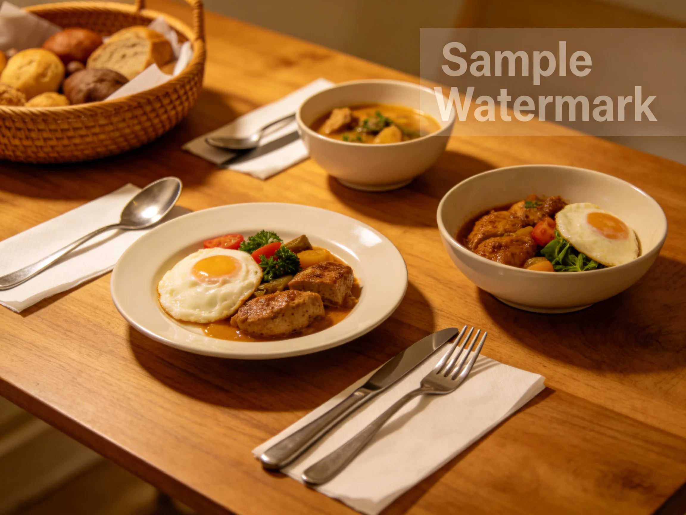Three plates and bowls of savory meals on a polished wooden table