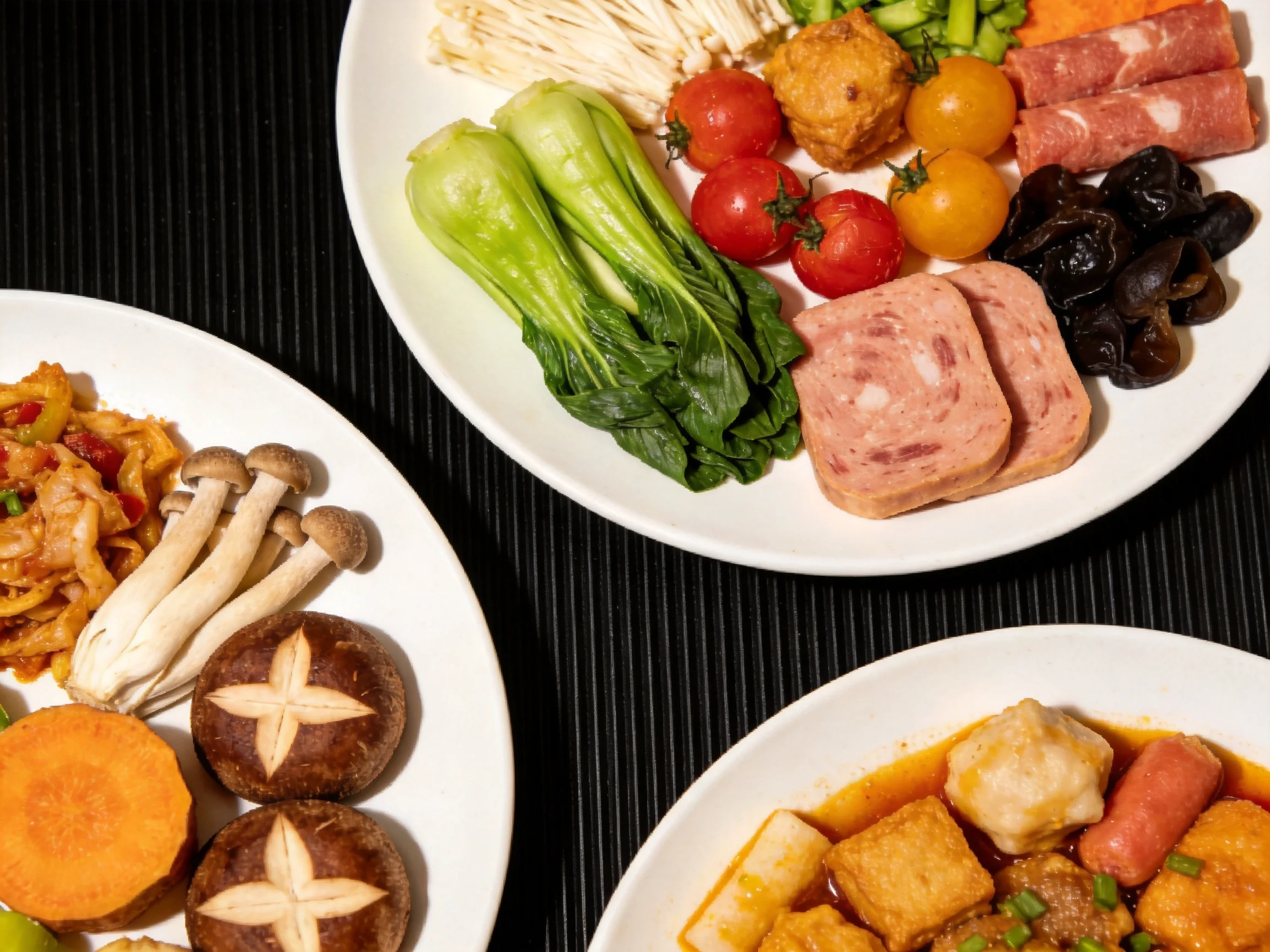 Three plates filled with vibrant vegetables, meats, and mushrooms.