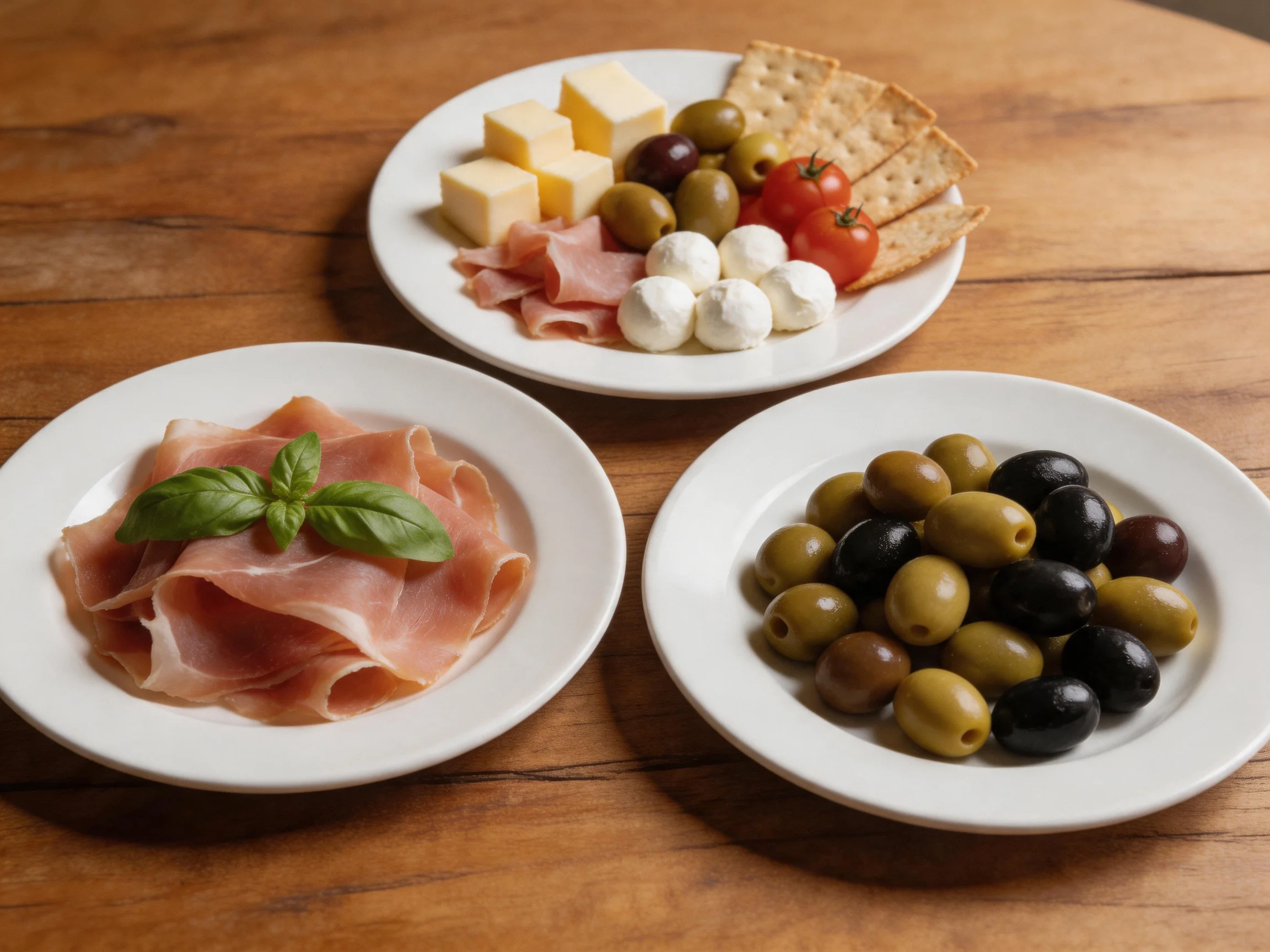 Three plates hold assorted appetizers including prosciutto, cheese, and olives