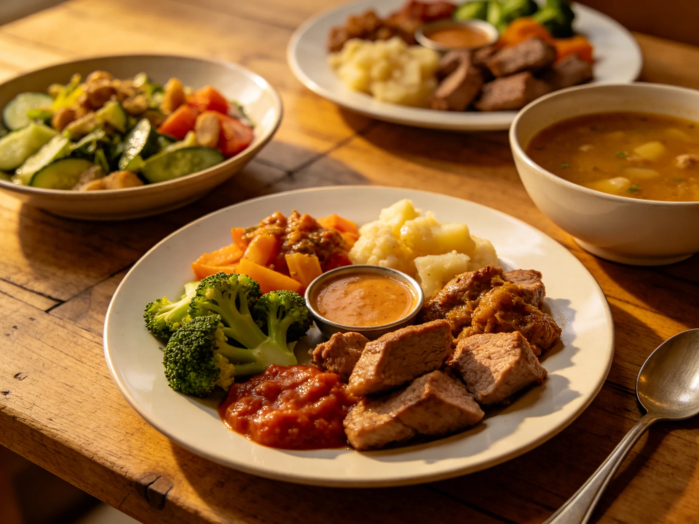 Three plates of assorted meals with vegetables, meats, and soups on a wooden table