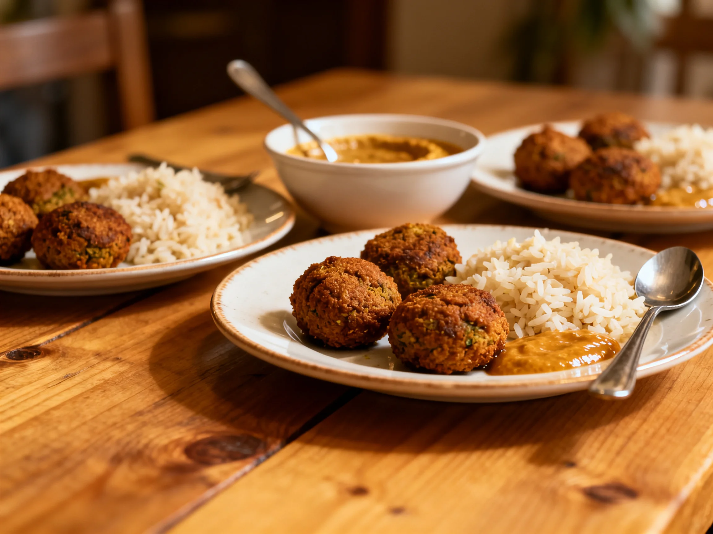 Three plates of golden-brown falafel with rice and curry