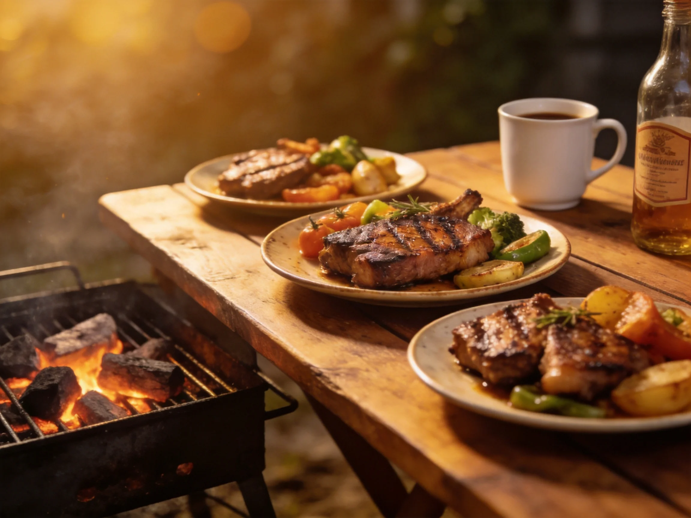 Three plates of grilled meat and veggies near an outdoor charcoal grill