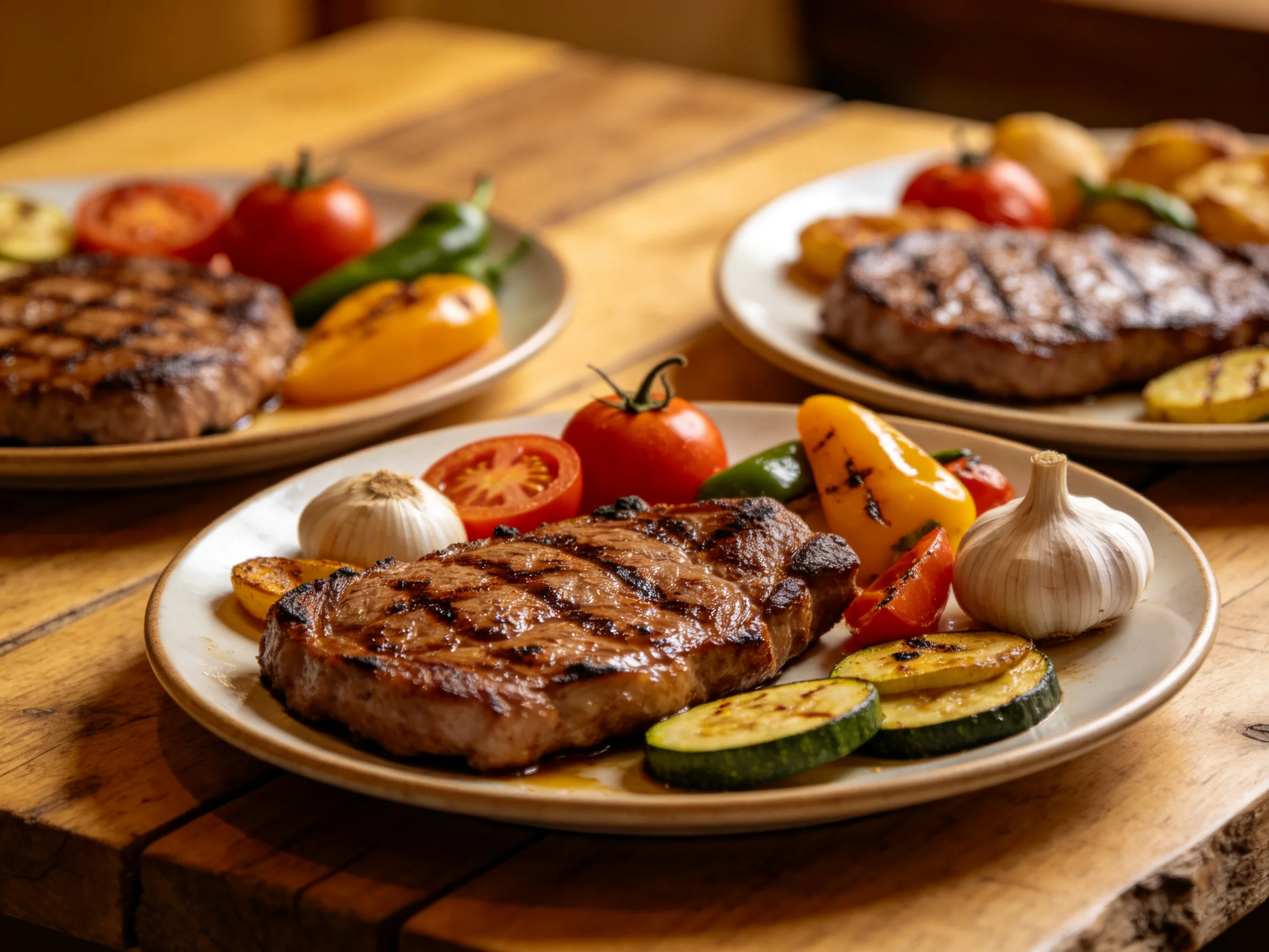 Three plates of grilled steak with colorful vegetables
