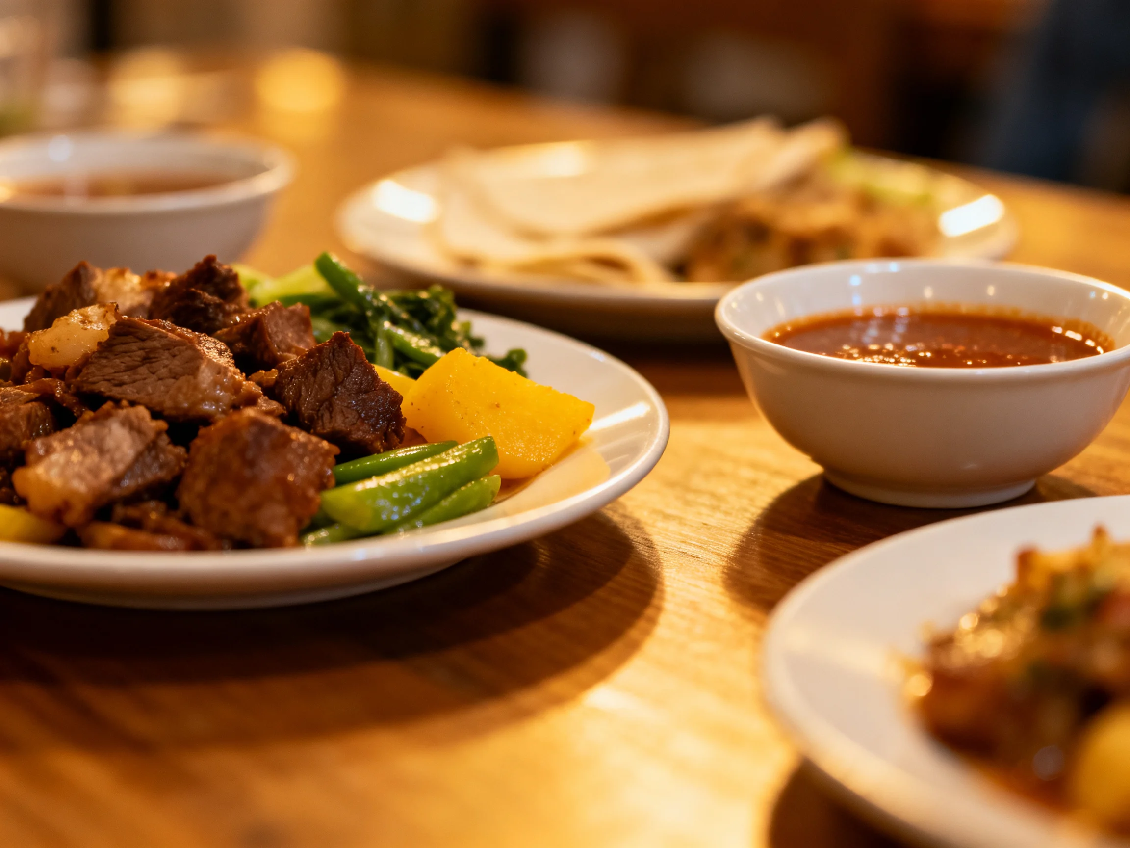 Three plates of savory dishes with colorful sides and sauces on a wooden table
