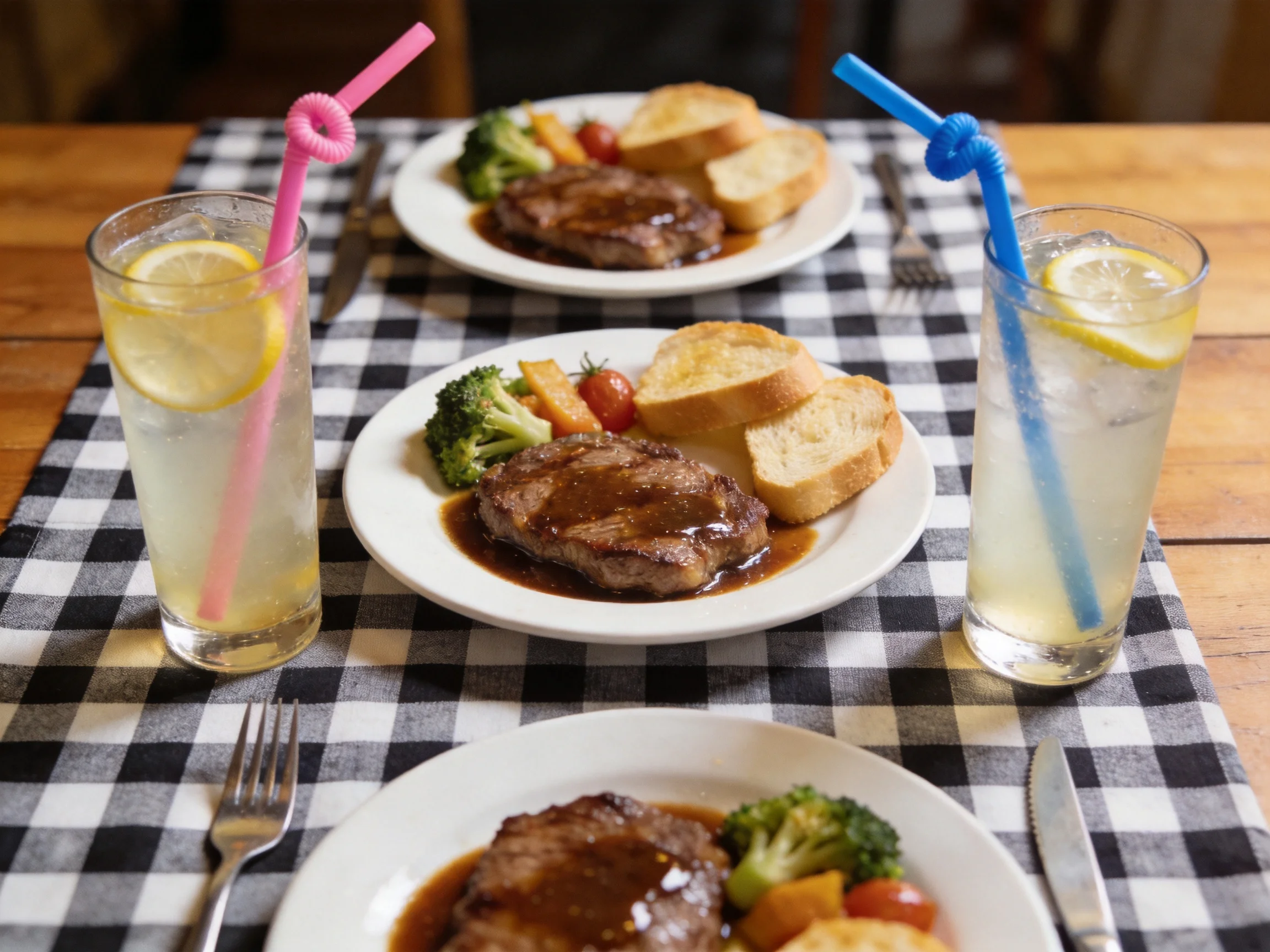 Three plates of steak dinners with bread, veggies, and lemonade drinks
